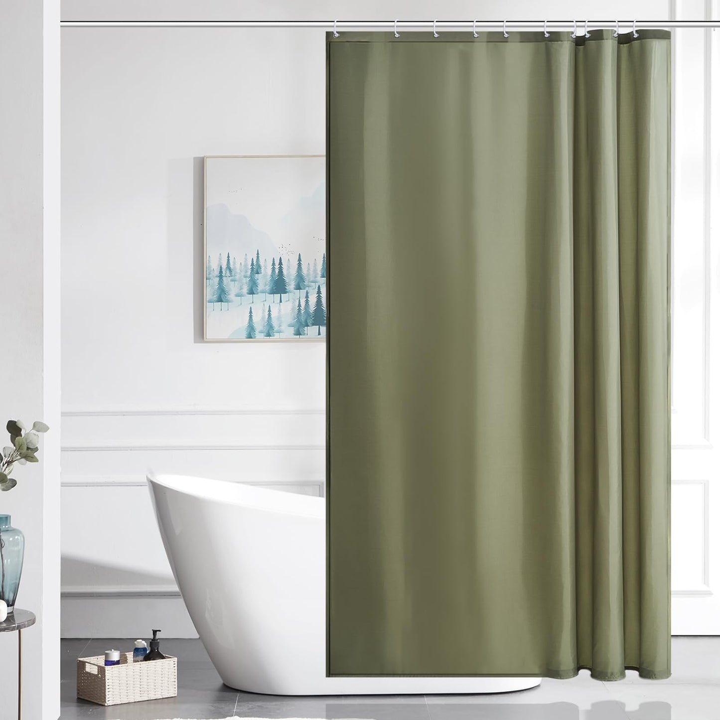 Furlinic Sage Green Shower Curtain Polyester Fabric Waterproof Washable Bath Curtains with Weight Tape 8 Hooks for Wetroom 47x72 Inch 120x180cm.