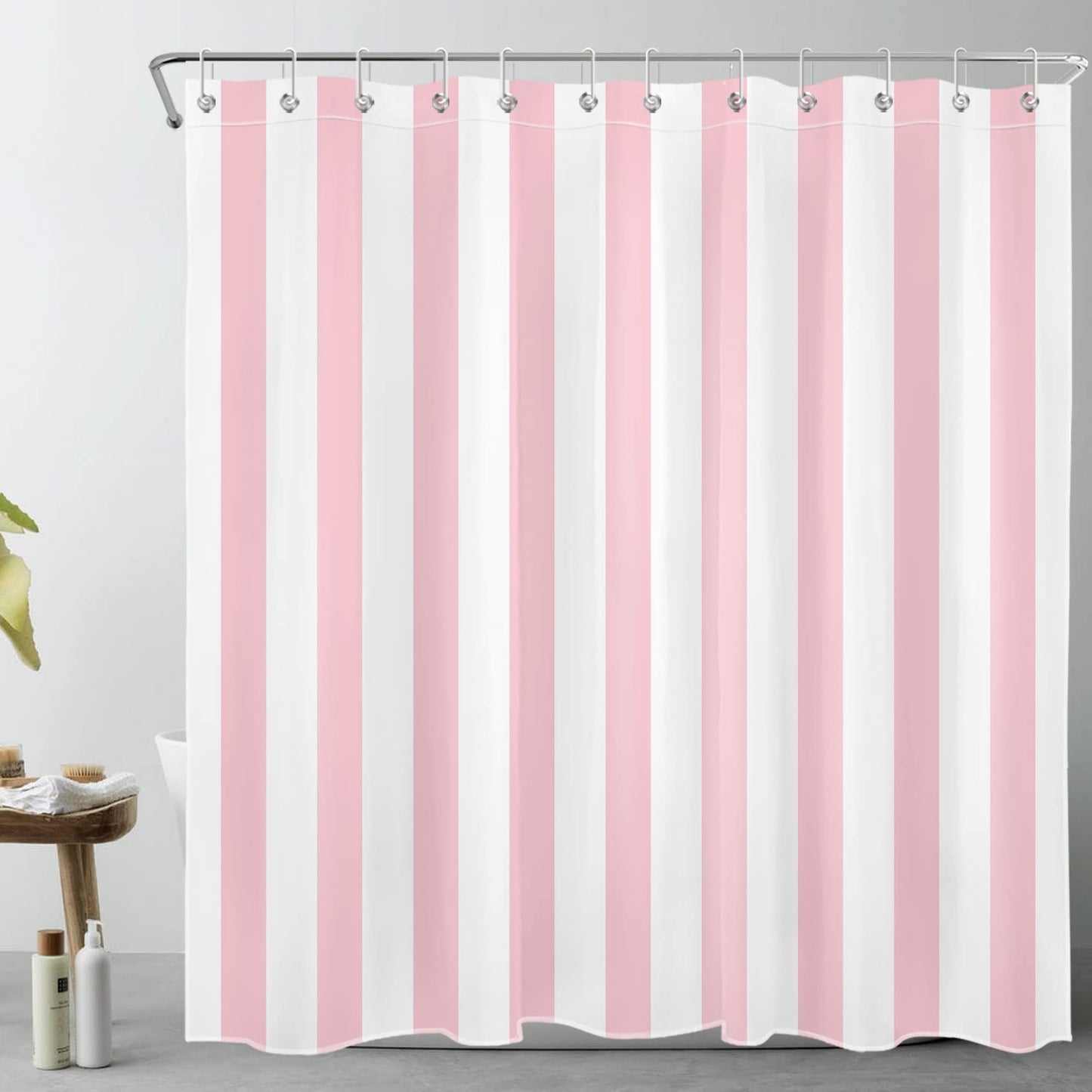 LB Pink and White Striped Shower Curtain Simple Geometric Art Shower Curtains for Bathroom Minimalist Polyester Anti Mould Waterproof Bath Curtain Set