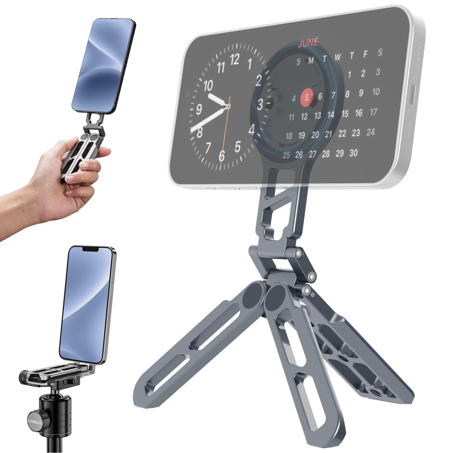 CAMOLOGEEK MG-05 Aluminum Foldable Magnetic Phone Holder Tripod Desk Stand with 1/4" Arca-Swiss Cold Shoe Mount for iPhone 16 15 14 13 12 Pro Max