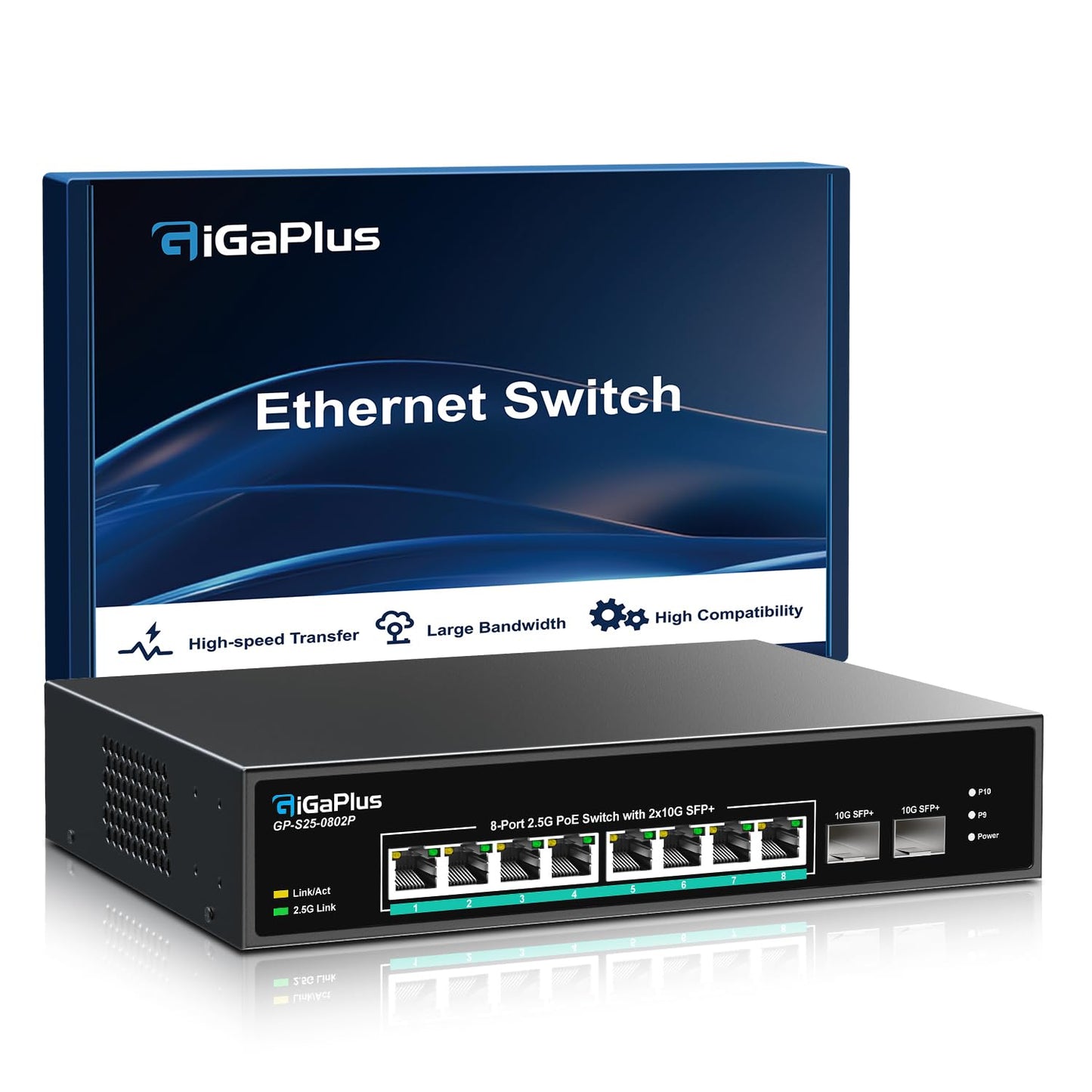 10 Port 2.5Gb Unmanaged PoE Switch with 8*2.5G Base-T PoE Ports, 2*10G SFP+ Uplink, 802.3af/at (PoE+), 80Gbps Switching Capacity, GigaPlus 2.5G PoE