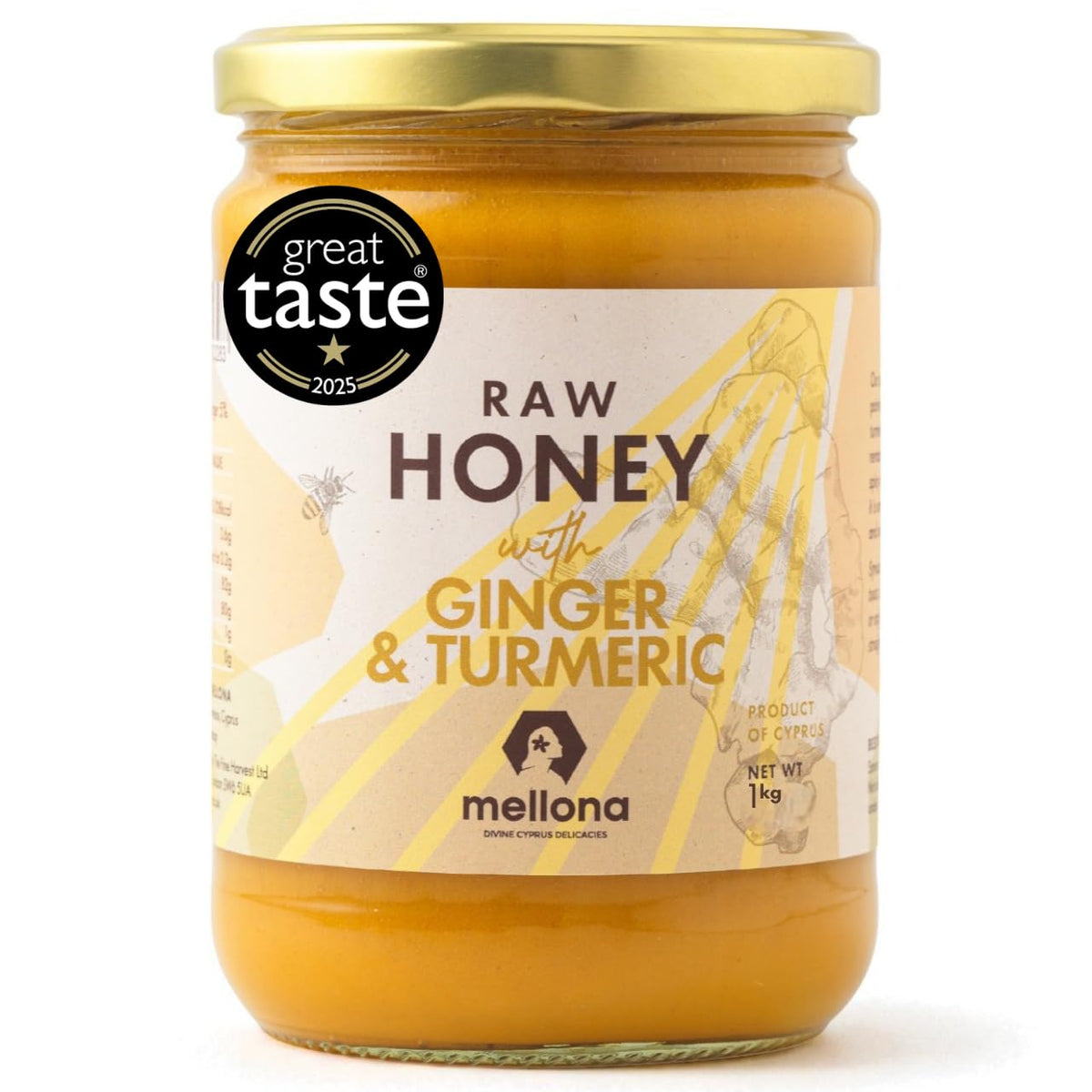 Mellona 100% Raw & Natural Creamy Golden Honey With Ginger & Turmeric, Unheated & Unfiltered, 1KG