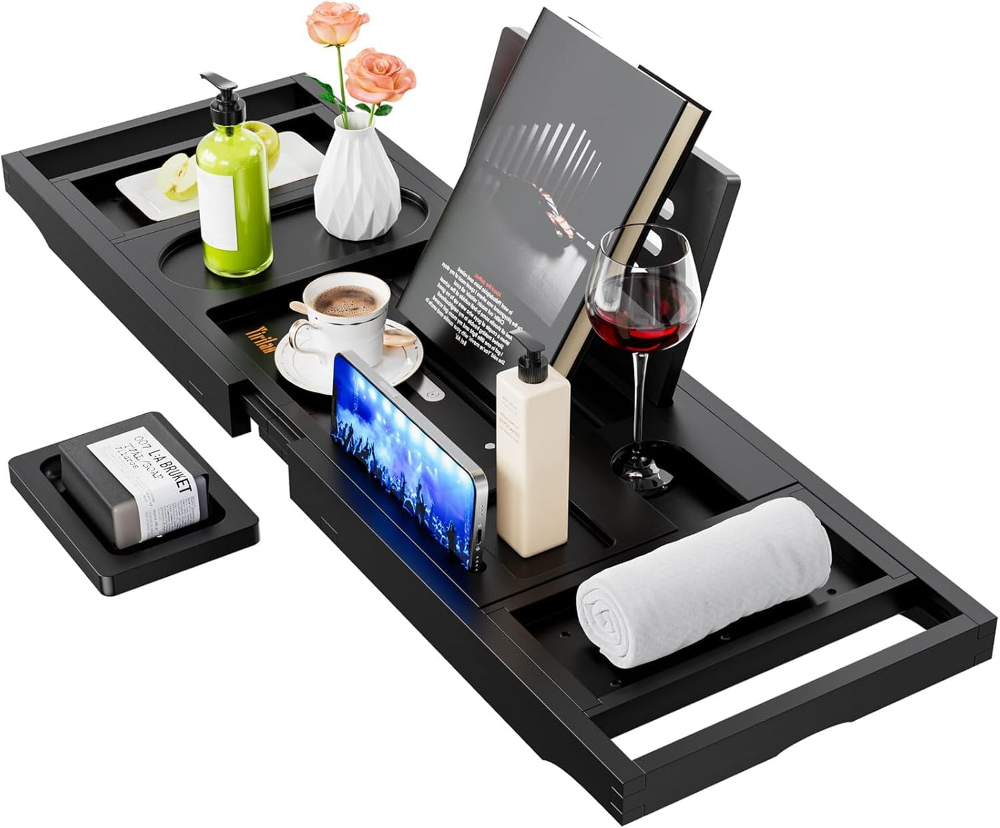 Bamboo Bath Tray, Adjustable Retractable Bath Caddy, Can Hold Books, Tablets, Mobile Phones, Aromatherapy, Wine Glasses, Suitable For Most Wooden