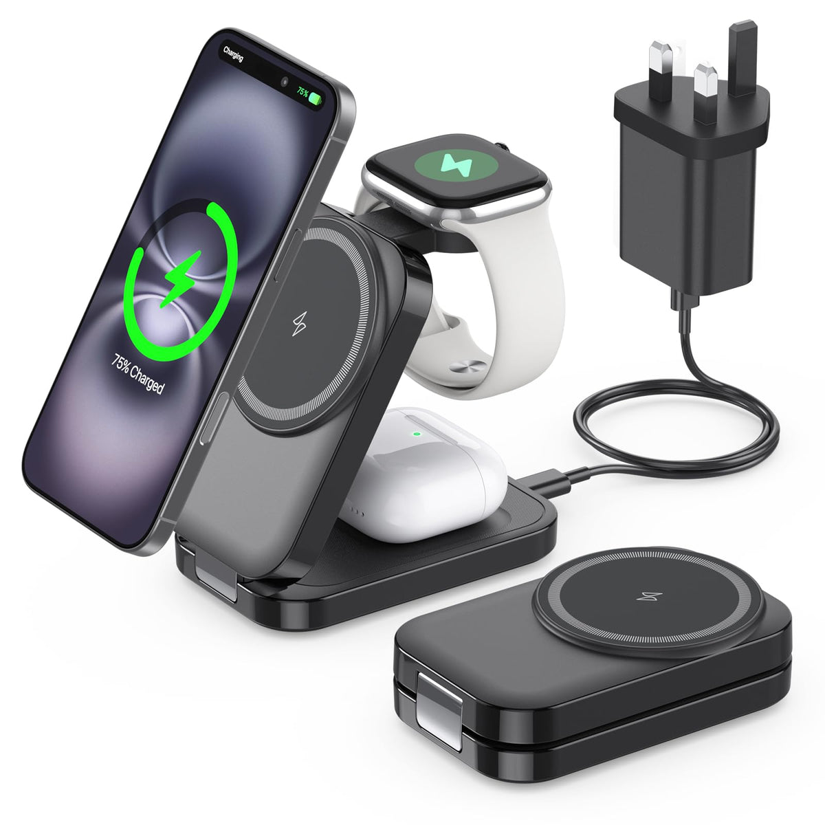 3 in 1 Wireless Charging Station for Apple,Foldable Magnetic Wireless Charger,15W Fast for MagSafe Charger Stand for iPhone 17/16/15/14/13,for Apple