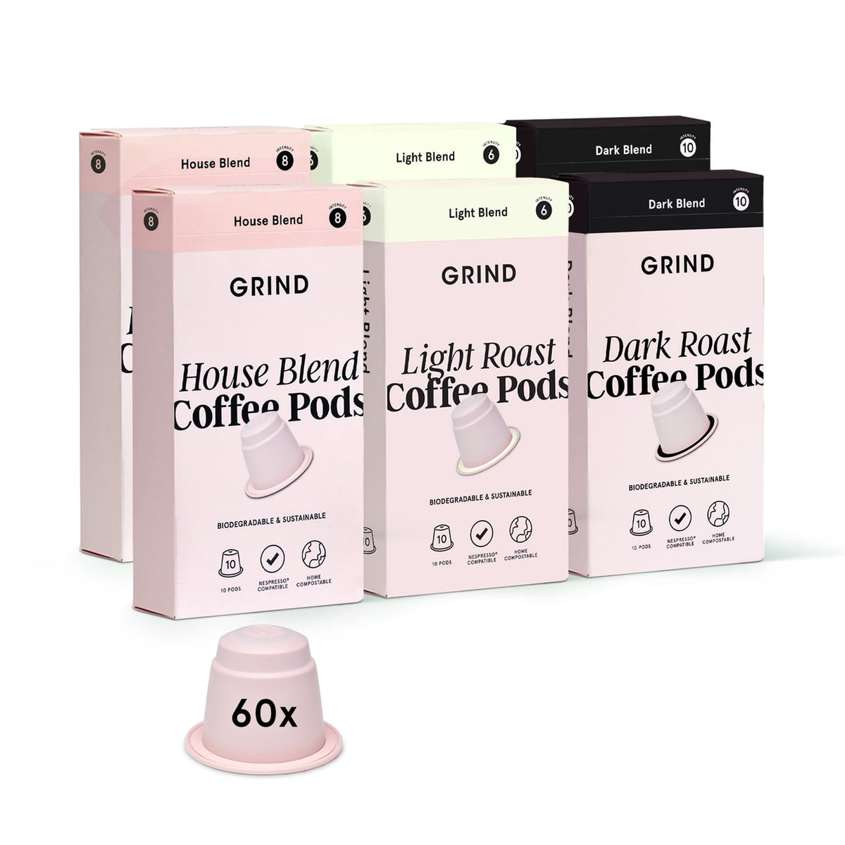 Grind Variety Coffee Pod Collection ? House, Dark & Light Blend ? Pack of 60 Biodegradable Capsules ? 100% Arabica ? Nespresso? Original Machine