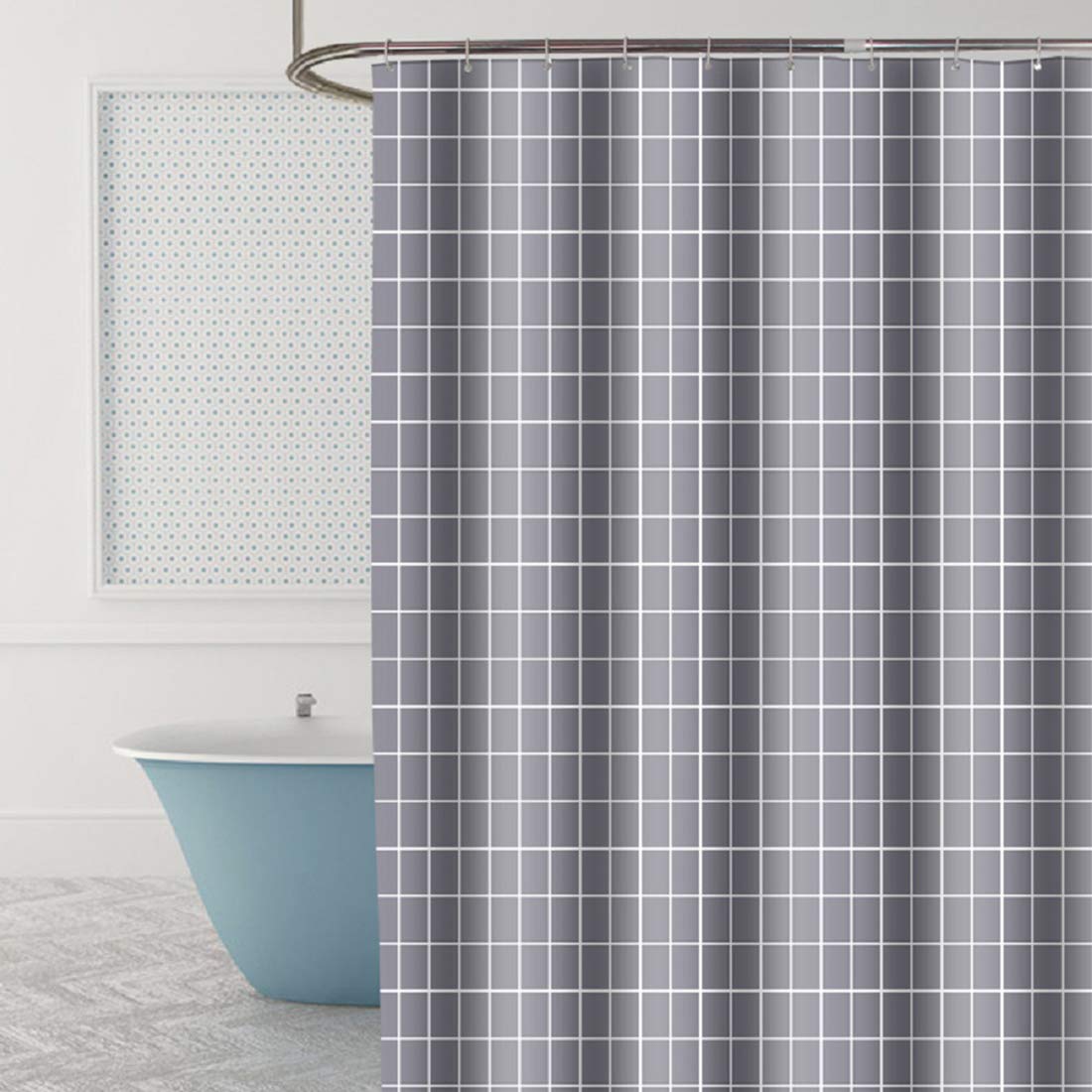 FSZhenZuan Shower Curtain 180 x 200 cm Drop Water Repellent Anti Mould Wet Room Shower Curtain with Hooks Washable Polyester Fabric Grey Grid