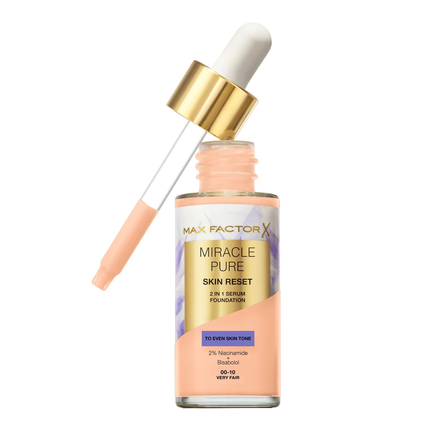 Max Factor Miracle Pure Skin Reset Serum Foundation, 00-10 Very Fair, 2-in-1 Serum Formula, Healthy Looking Skin, Medium Coverage, Satin Matte Finish,