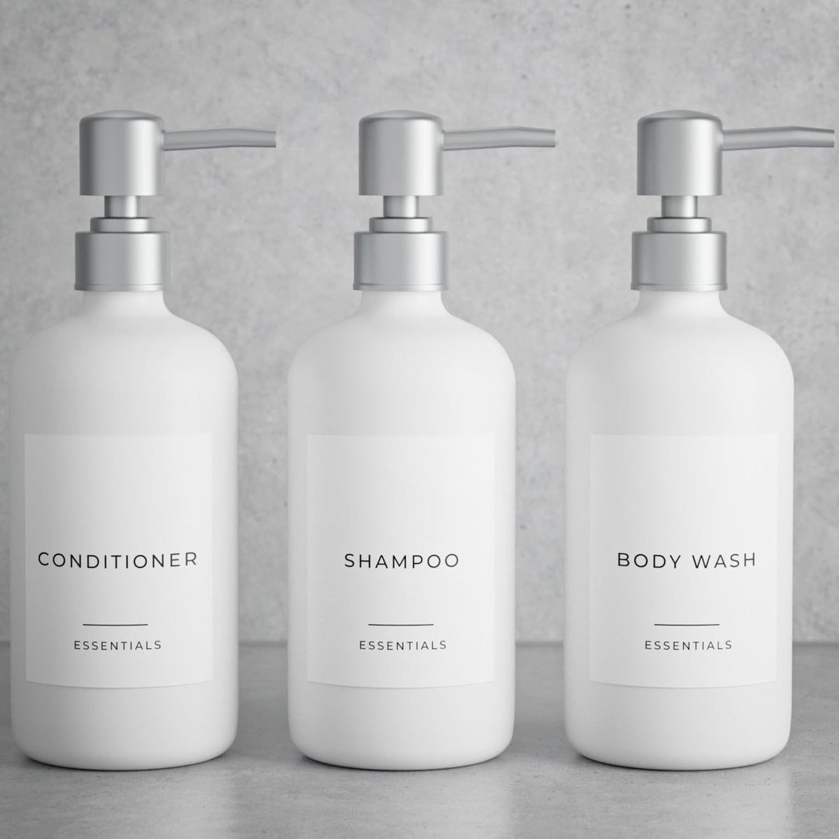 KIBAGA Stylish Shampoo and Conditioner Dispenser Set of 3-21oz Shower Soap Bottles with Pump Labels Easy to Refill Body Wash Dispensers for an Instant