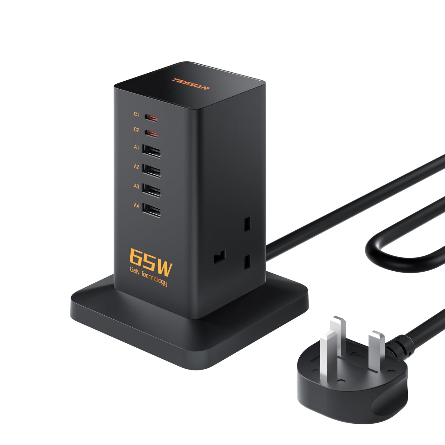 TESSAN USB C Fast Charger Plug, GaN PD 65W 6-Port USB Charging Hub with 2 AC Outlets, Desktop Multi Charger Block with 2m Extension Cord, Tower