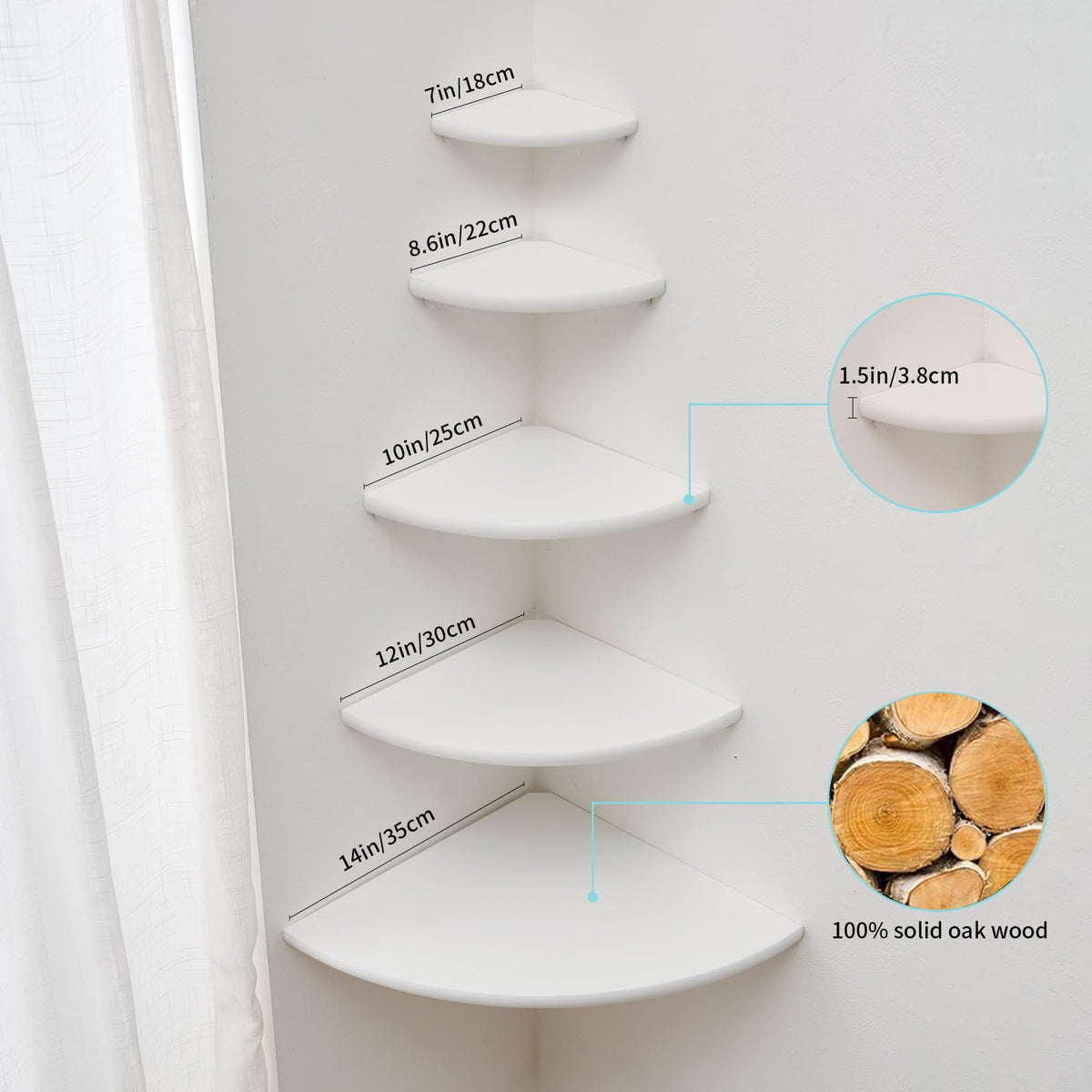 GIEANOO Corner Shelf, Solid Oak Wood White Floating Corner Shelf Wall Mount 16inch Round End Floating Speaker Shelf With Wire Hole Shelf for Bedroom