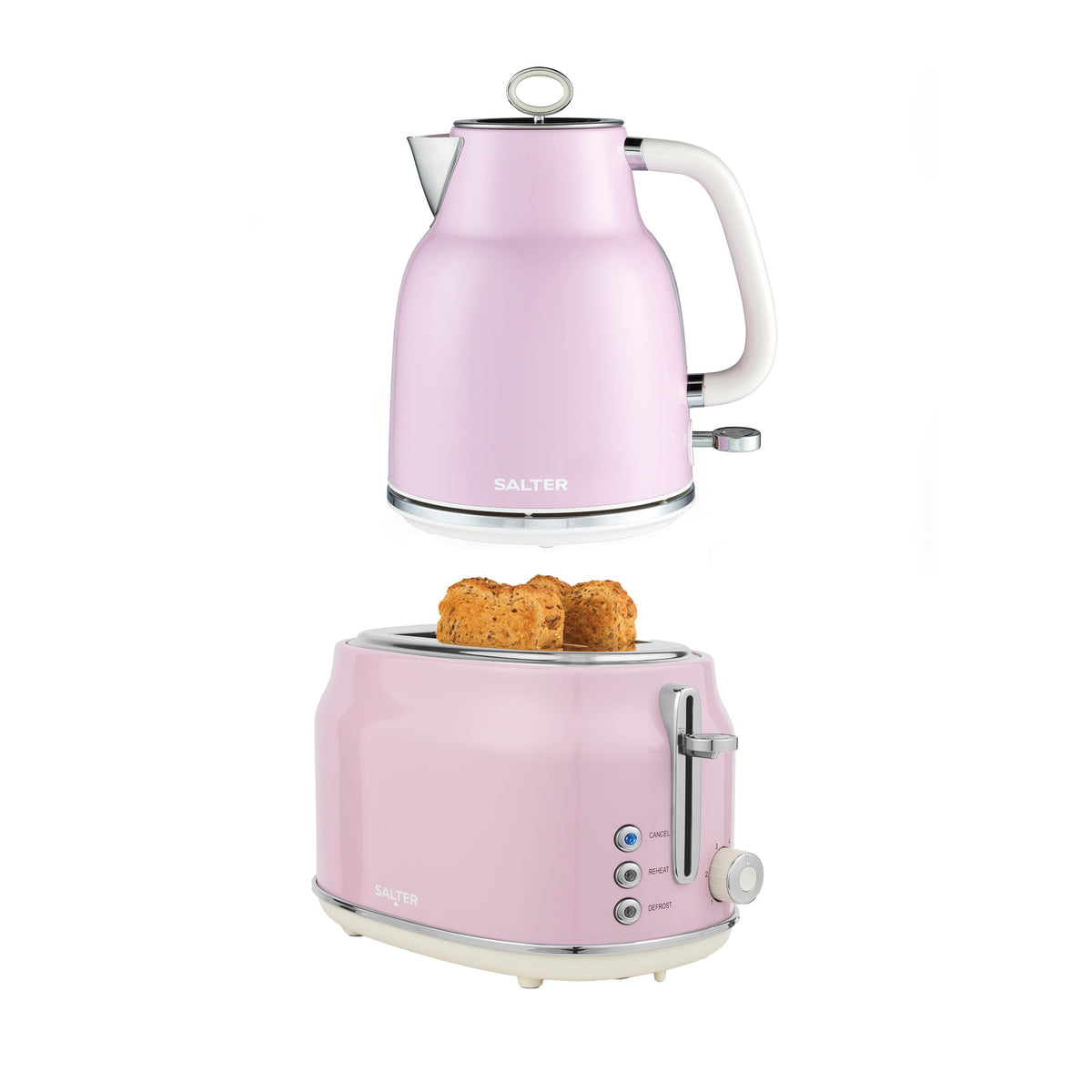 Salter Retro Pink Kettle & Toaster Set ? 1.7L 3KW Rapid Boil Cordless Kettle with Boil Dry Protection & Auto Shut-Off, 815W 2-Slice Wide Slot Toaster