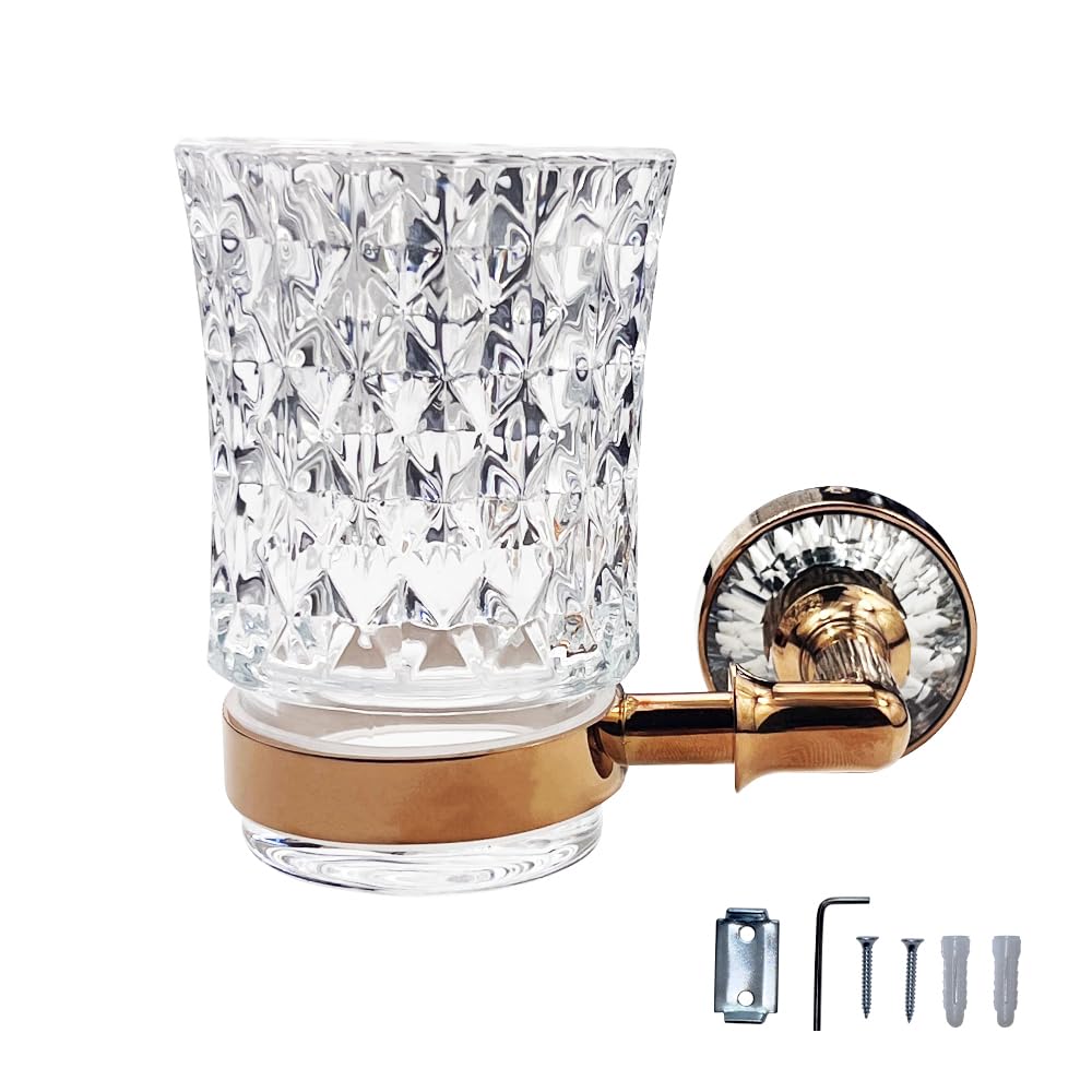 Eaglewiz Crystal Toothbrush Holder Wall-Mounted Glass Tumbler Rose Gold Finish, Elegant Glass Cup Holder Bathroom Accessory (RoseGold)
