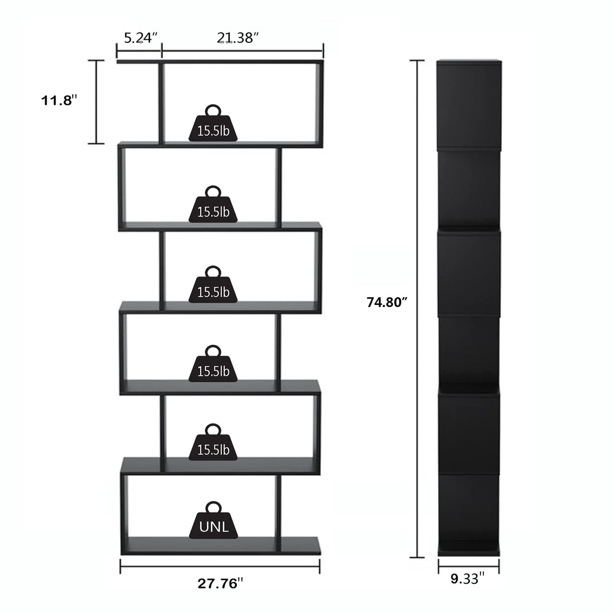 Yusong Bookshelf 6-Tier, Geometric Bookcase S Shaped Book Shelves for Bedroom, Modern Wood Decorative Display Shelf Tall Book Case for Home Office