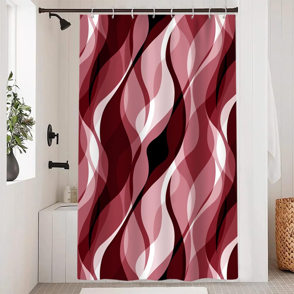 Uiiooazy Red Shower Curtain, Abstract Striped Geometric Lines Bath Curtain Anti-Mould Waterproof Washable Polyester Fabric Bathroom Curtain with 8