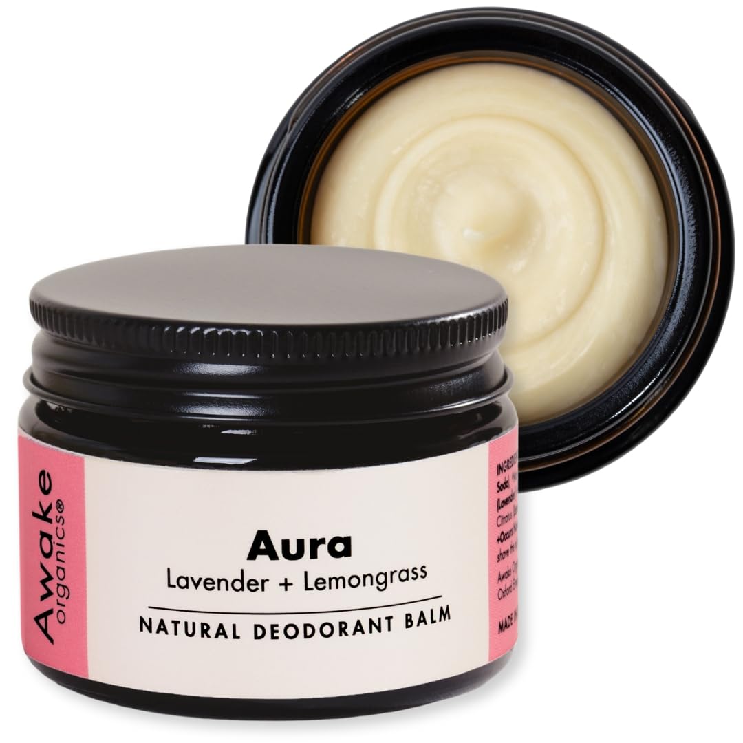 Awake Organics DEO - Natural Plastic Free Deodorant Balm - Aura in Glass Jar - Lavender & Lemongrass - Aluminium Free - Long-Lasting Odour Protection,