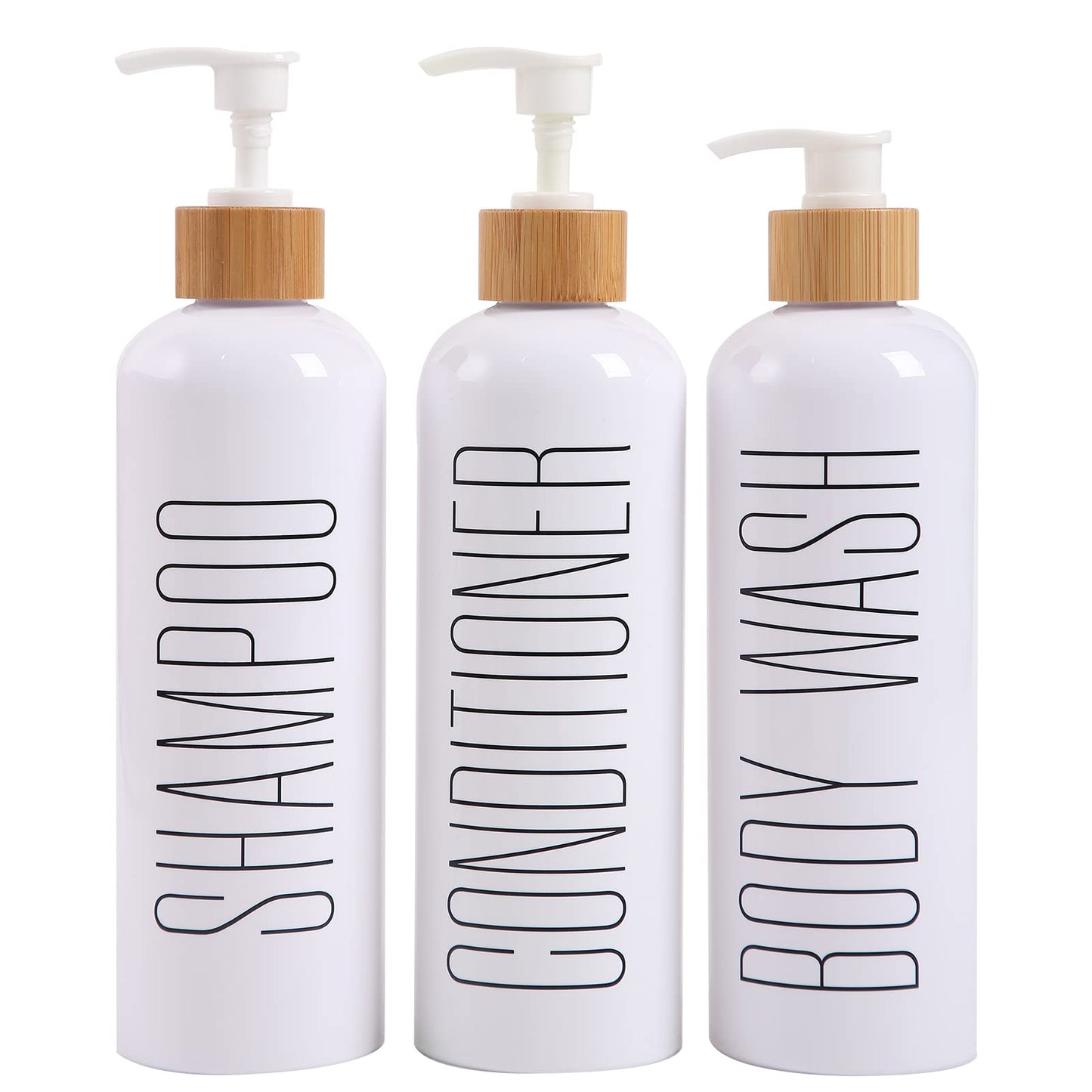 HOMCDALY Shampoo and Conditioner Dispenser, 16oz 3-Pack Refillable Shampoo and Conditioner Bottles, Empty Shampoo Bottles Refillable with Bamboo Pump,