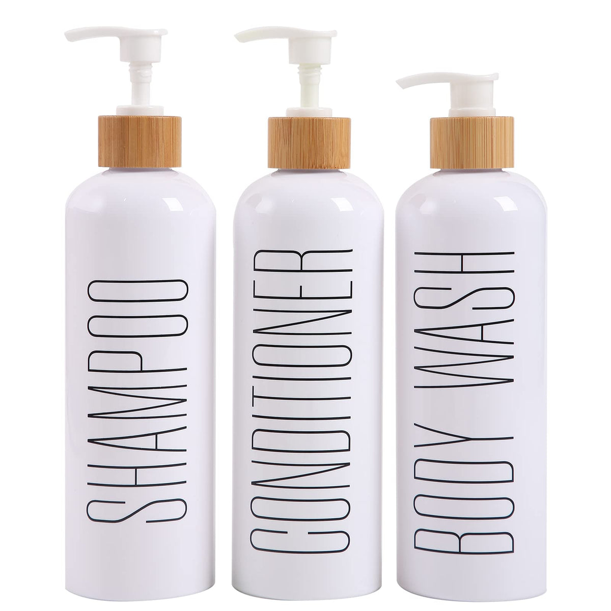 HOMCDALY Shampoo and Conditioner Dispenser, 16oz 3-Pack Refillable Shampoo and Conditioner Bottles, Empty Shampoo Bottles Refillable with Bamboo Pump,