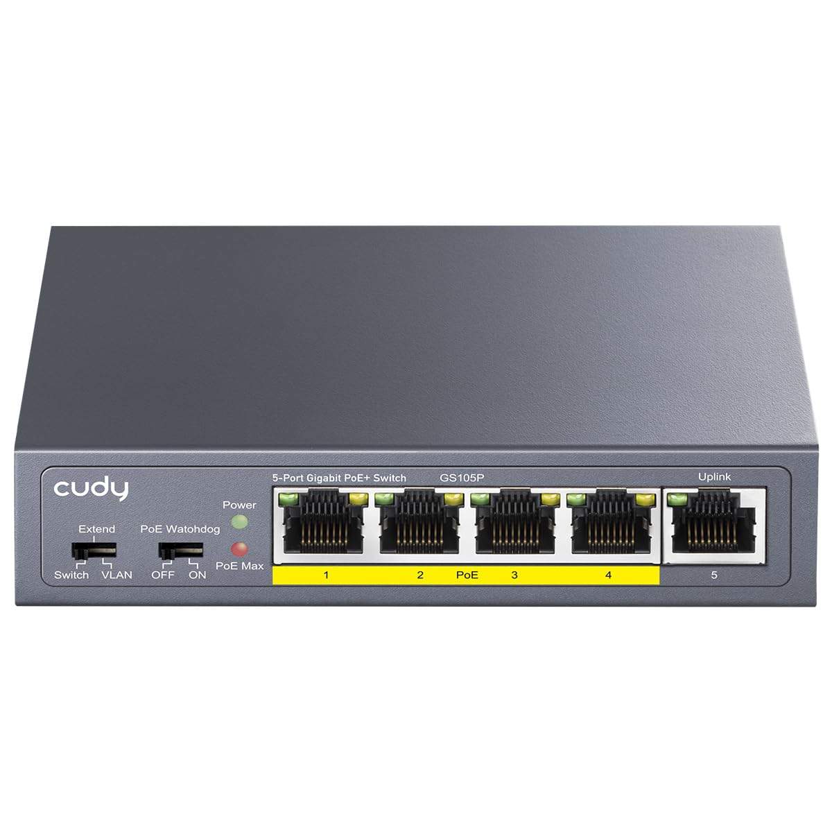 Cudy GS105P 5 Port Gigabit PoE Switch, 4 PoE+ 36W, Desktop/Wall Mount, Plug and Play, Sturdy Metal / Shielded Ports, Fanless, Traffic Optimization