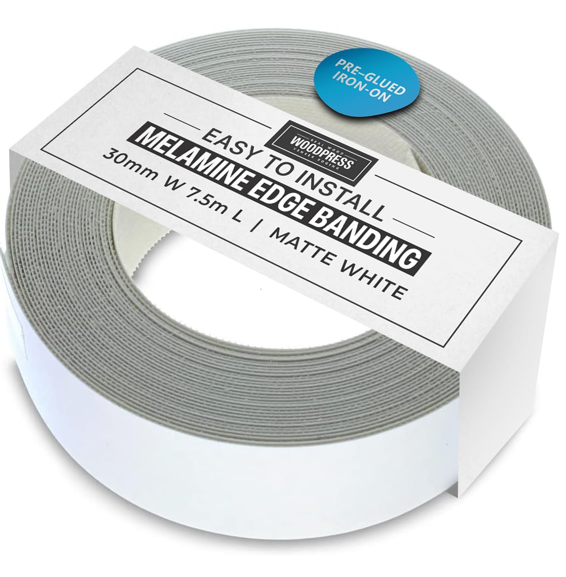 WoodPress? 30mm Matt White Melamine Edging, Pre-Glued Veneer Tape ? 7.5m Roll - Iron-On for Easy DIY Application ? Will Cover the Edge of a Standard