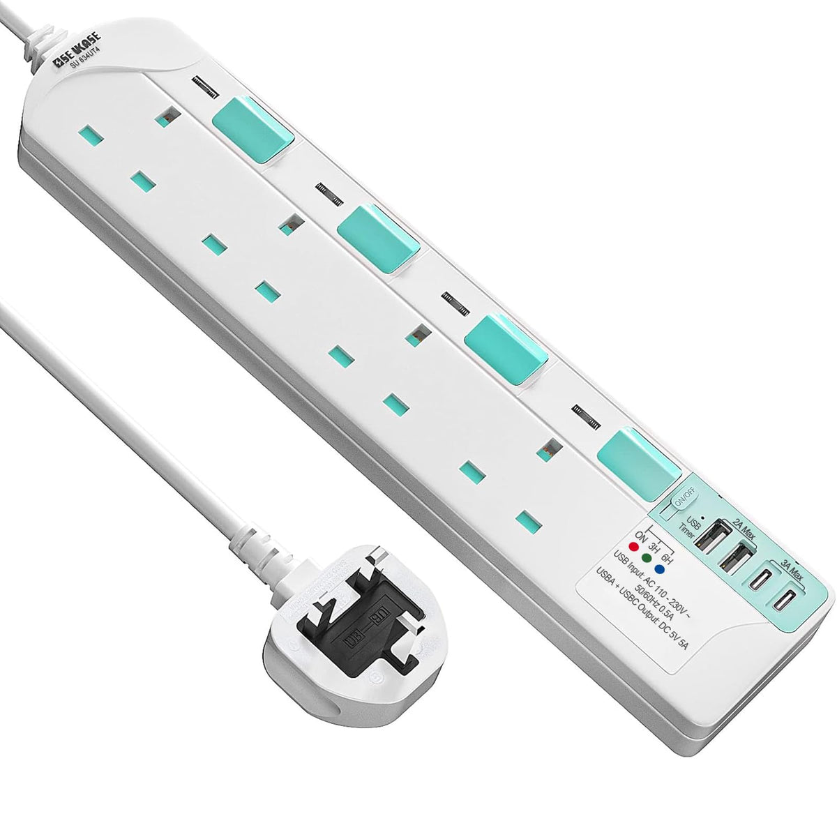 SE UKASE Extension Lead with USB Slots(5V/5A),USB Timer, 4 Way Plug Sockets with Individual Switches USB and Type C, Wall Mount Design with 2M