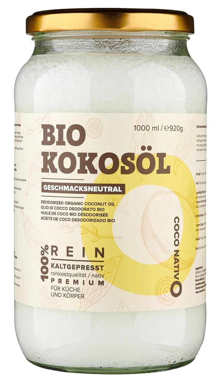 Organic Coconut Oil Unflavored CocoNativo 1000 ml (1 L) - Deodorized Coconut Oil - Coconut Oil Without Aroma - Pure Coconut Fat - For Cooking,