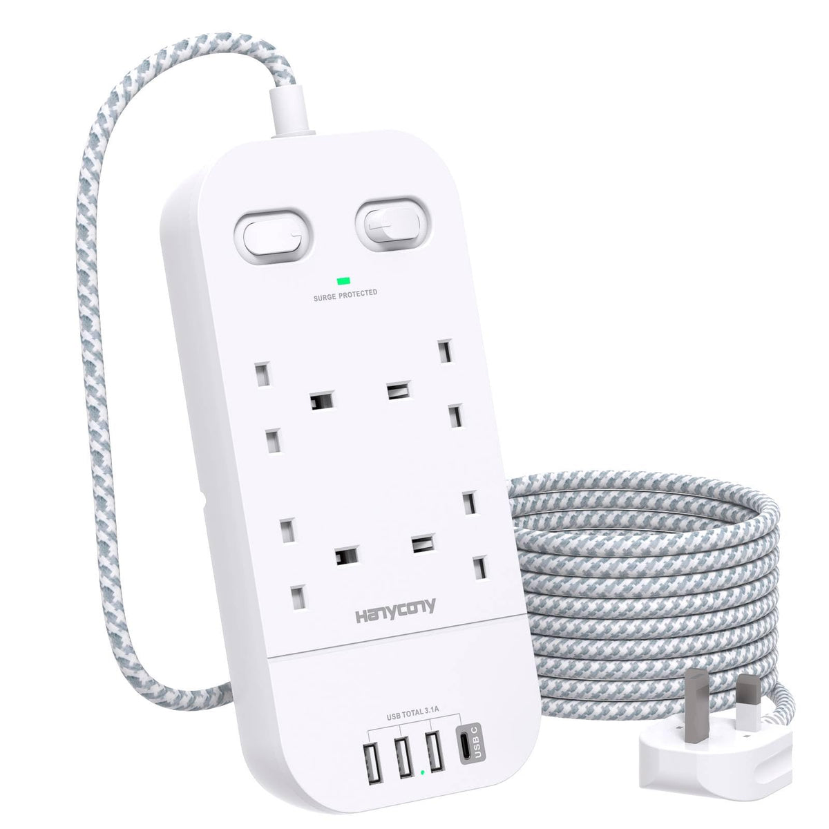 4 Way Surge Protected Extension Lead with USB Slots ? Multi Plug Power Strip Extension Cable with Double Switches, Plug Extension Socket 1.8M Braided