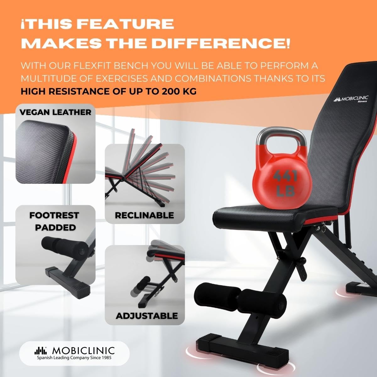 Mobiclinic?, Weight Bench Adjustable Foldable, FlexFit, Gym Bench, up to 440 lbs, for full Body Workout, Multifunction, Full body workout, Bench Press