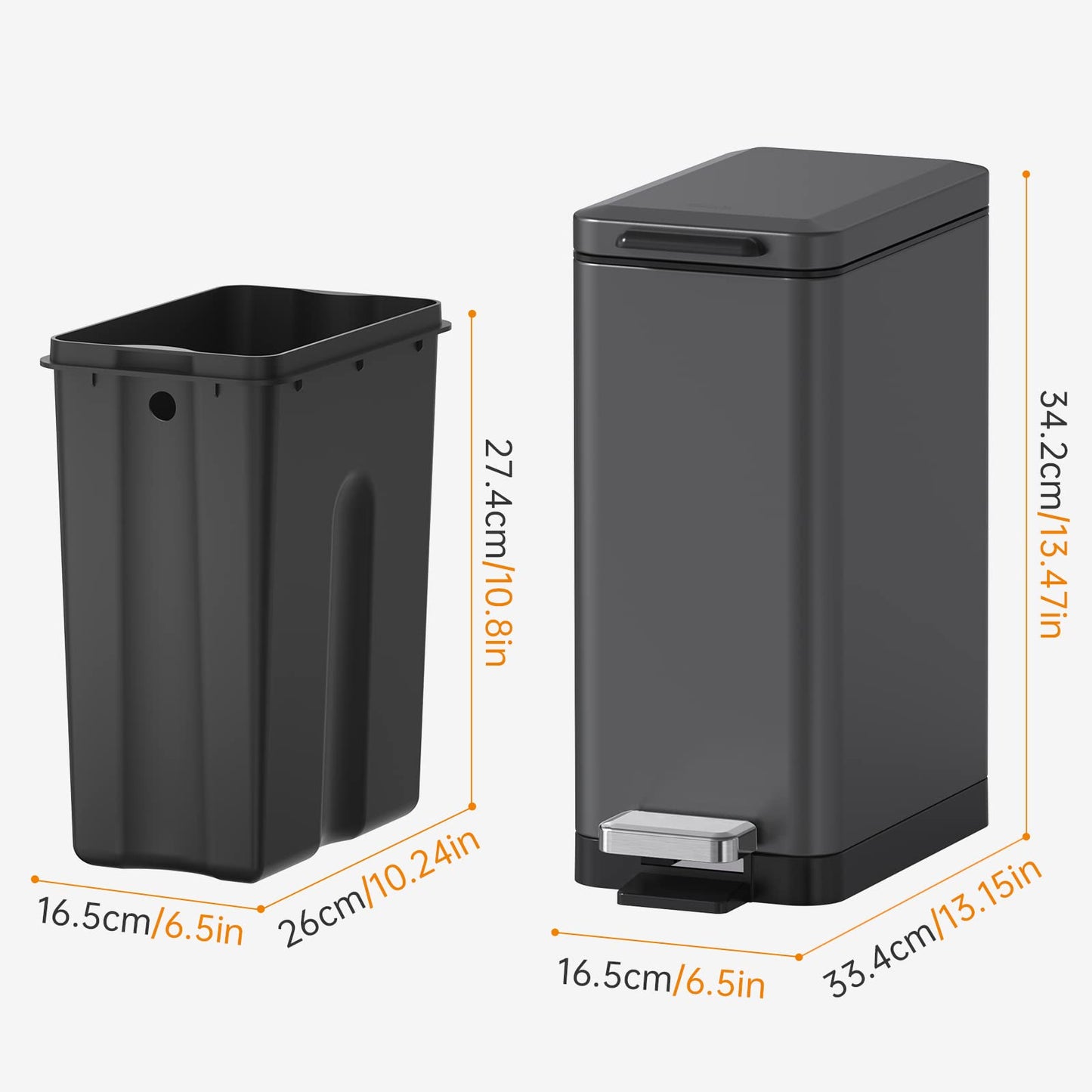 Mbillion Bathroom Step Trash Bin 10 Liter Slim Design Step-On Trash Can with Strong Pedal and Soft Close Lid Stainless Steel, Living Room, Office,Dark