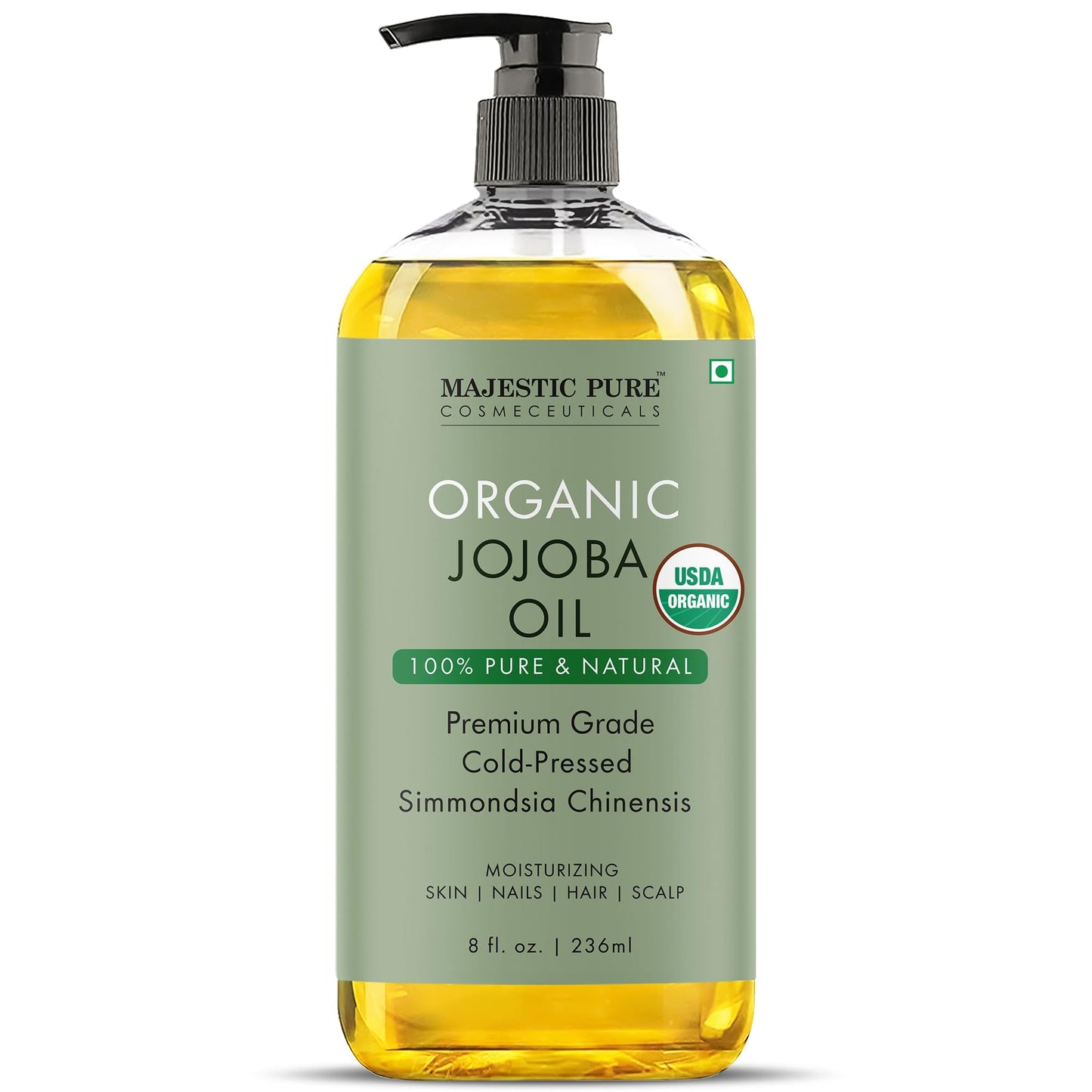 MAJESTIC PURE USDA Organic Jojoba Oil - 100% Pure Cold Pressed Hexane Free for Skin, Hair, Nails - Moisturizing Skin, Hair and Scalp - 236 ml
