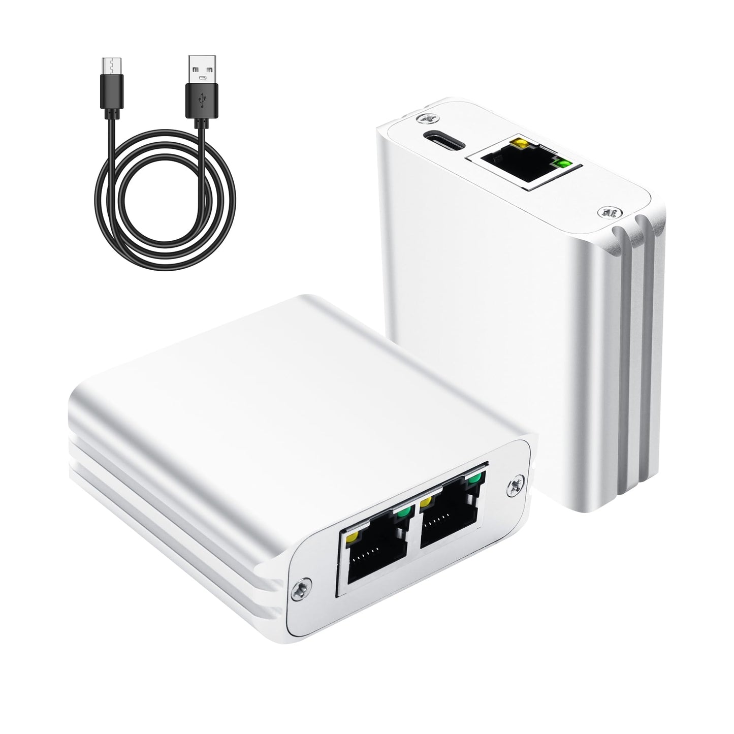 GINTOOYUN Silvery RJ45 Ethernet Splitter 1 to 2 Out 1000Mbps High Speed Gigabit Switch Network Splitter Internet Distributor with USB Power Cable for