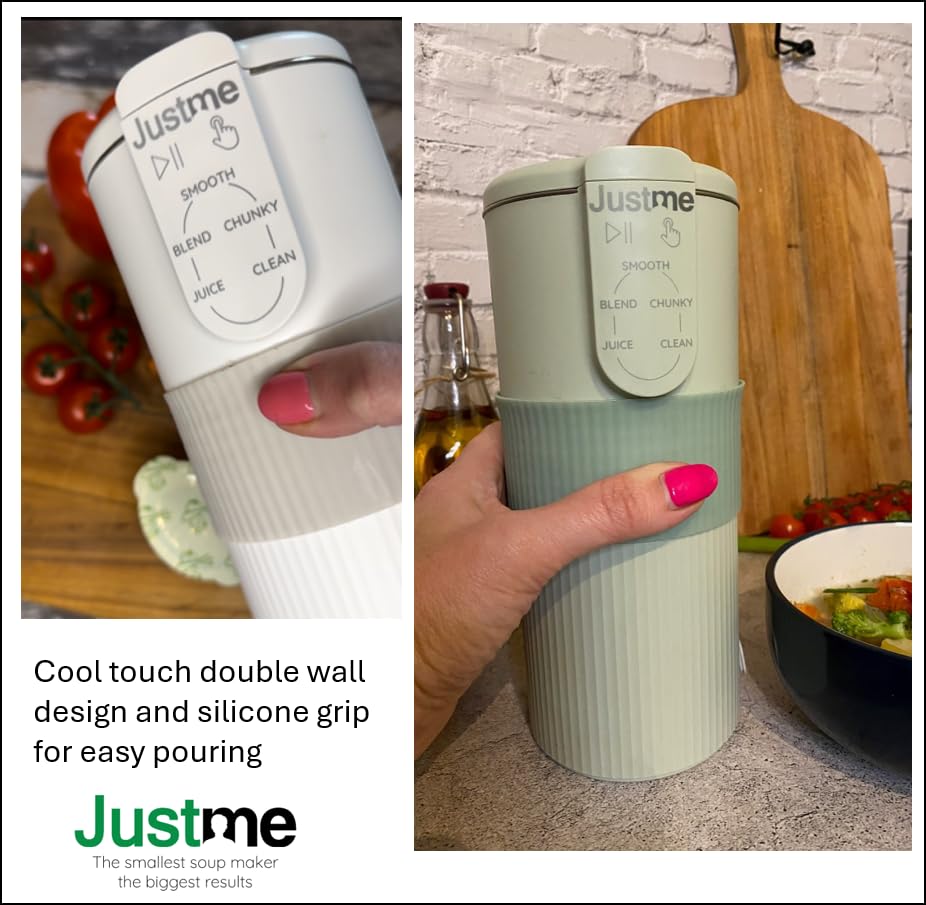 JustMe. The smallest soup maker, the biggest results. Soup maker and smoothie blender. Self cleaning. Colour: Sage green. Lightweight. Easy healthy