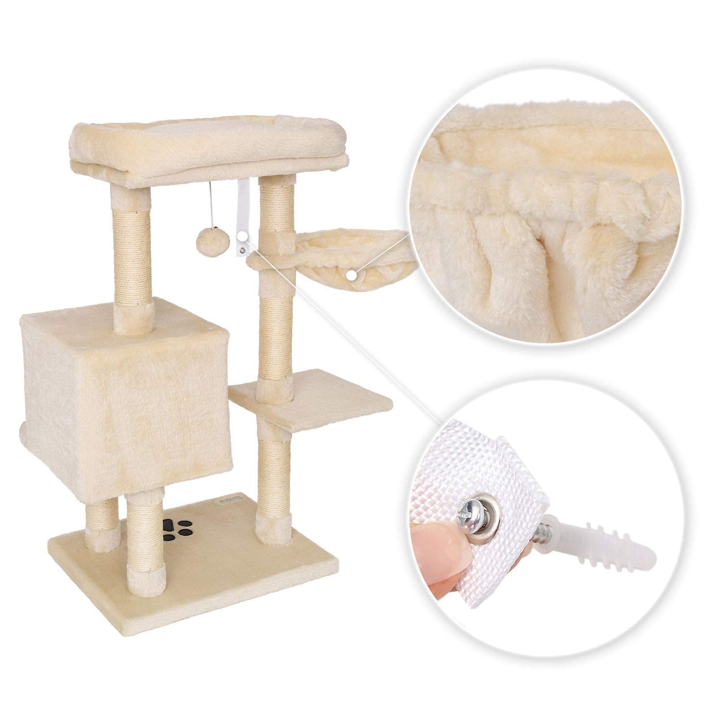 lionto Cat Scratching Post with Plush Ball Including Bell & Wall Bracket, Height 93 cm, Cat Tree with Sisal & Plush, Cosy Lying Surface & Caves,