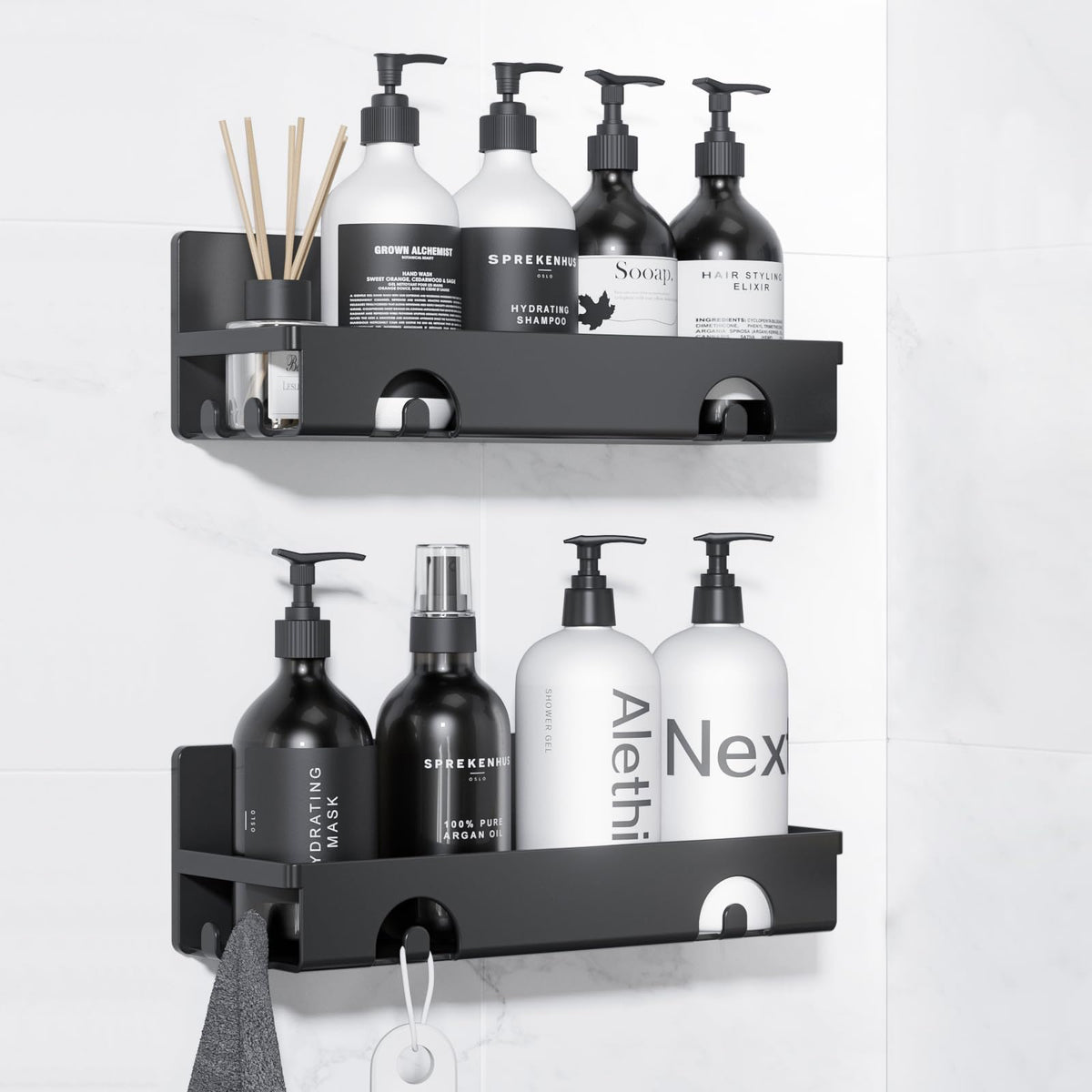 CHARYJOD Shower Caddy 2 Packs, Adhesive Shower Shelf Bathroom Shelf No Drill, Bathroom Shower Storage Rack with Hooks, Bathroom Kitchen Organiser