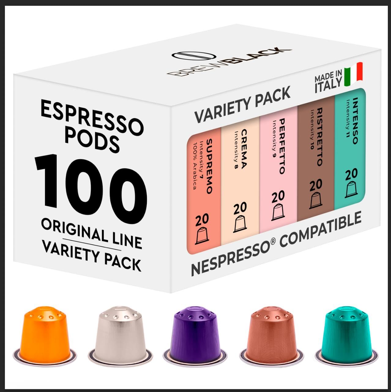 BrewBlack Variety Pack - 100 Aluminium Coffee Pods Compatible with Nespresso Original line - Medium & Dark Roast Coffee Capsules Made in Italy