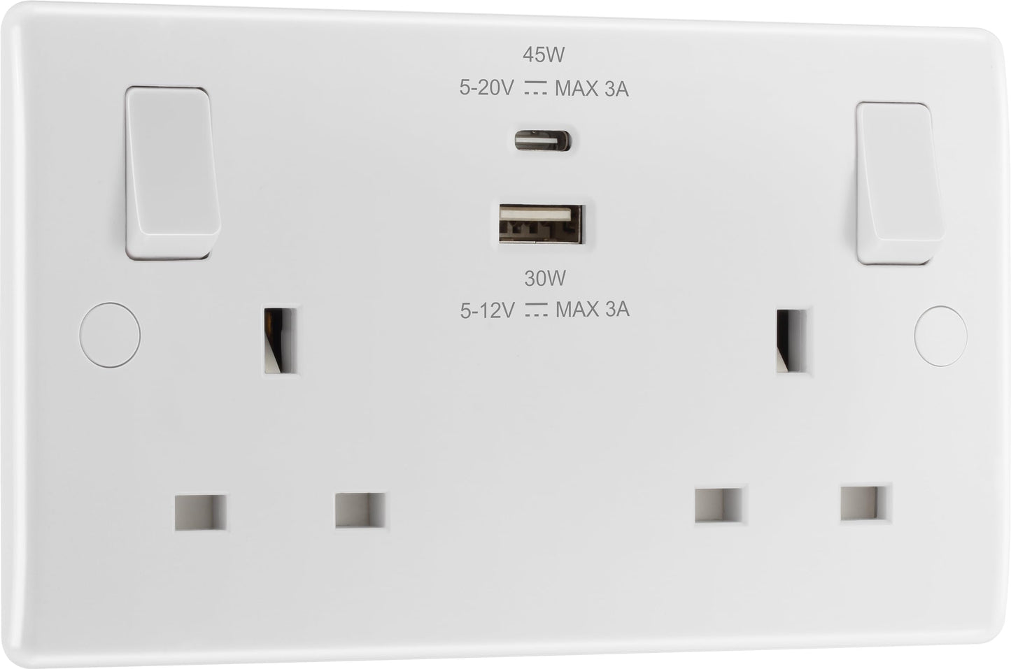 BG Electrical 45W Double Switched Power Wall Plug Socket with Super Fast Charge Type A & C USB Charging Ports, Round Edge, Nexus 800 Series, White