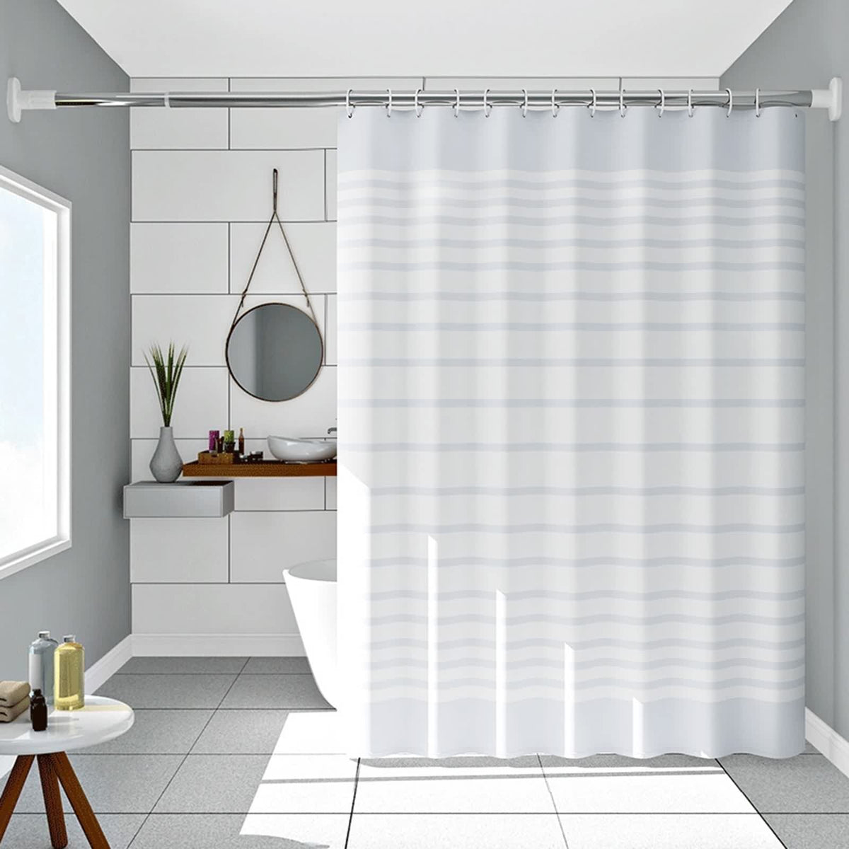 Shower Curtain White, Shower Curtain 300 x 200 XXL Peva Striped White Anti Mould Shower Blind Washable for Home Dorm Rooms