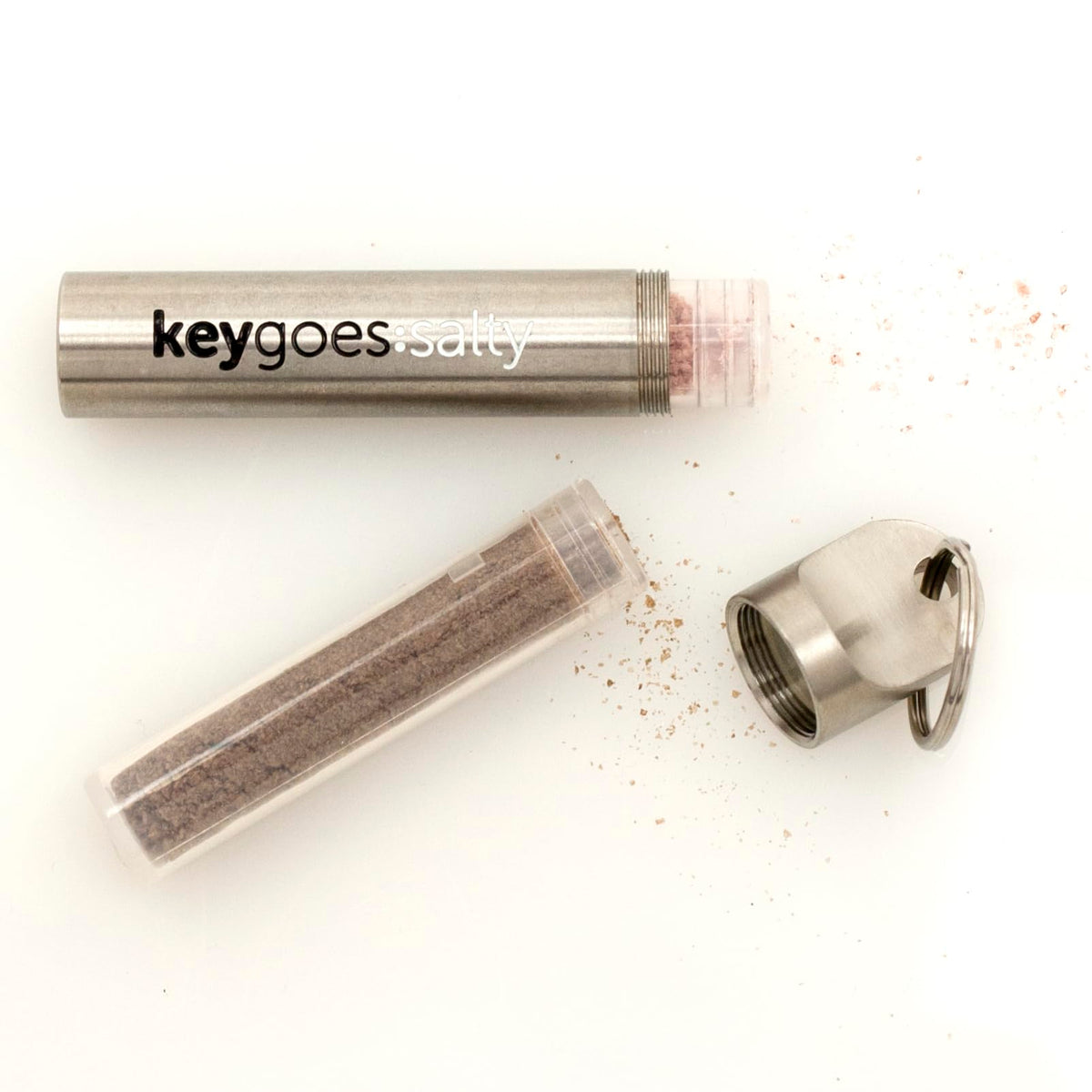 Salt Shaker to go Keychain by KEYGOES | Incl. 2 Refills with Different Types of Salt. Refillable.