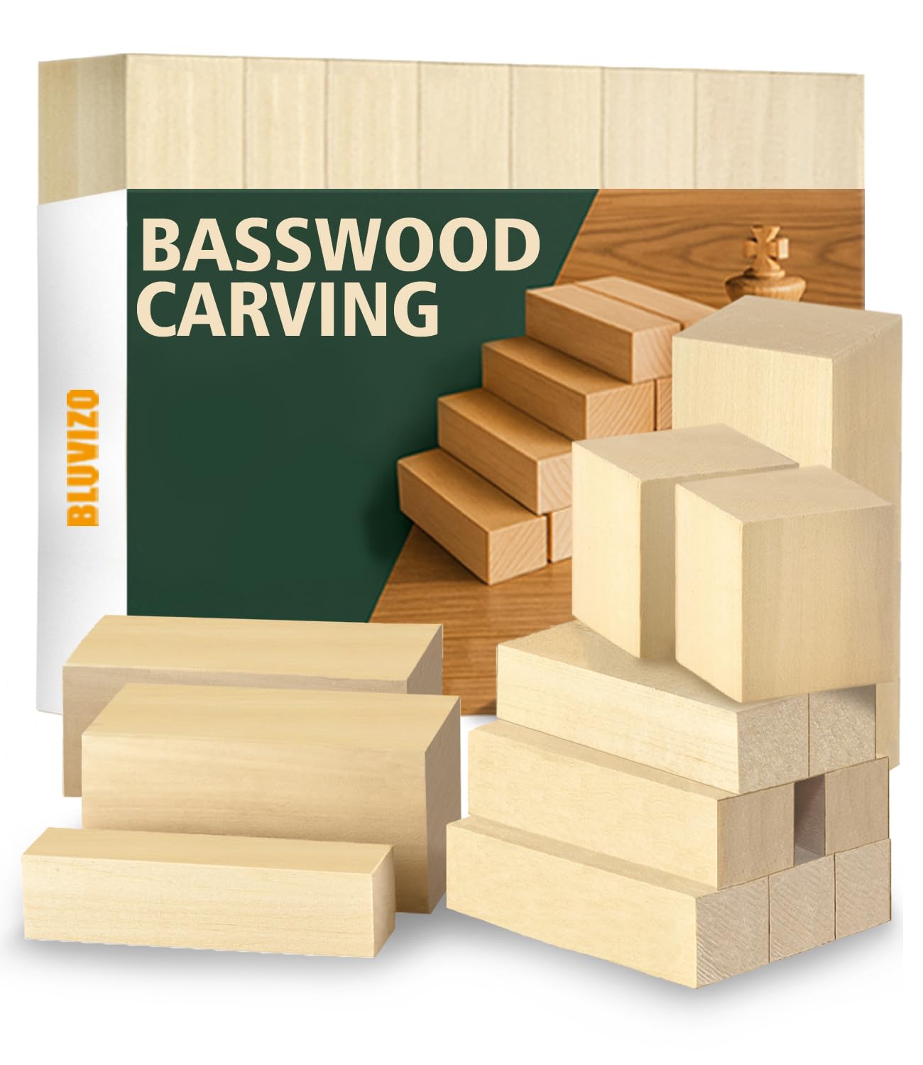 Bluvizo Basswood Woodworking Carving Blocks: 13 Pcs Unfinished Softwood Blocks Kit with Stickers in 3 Different Sizes, Bass Wood Pieces for Beginners