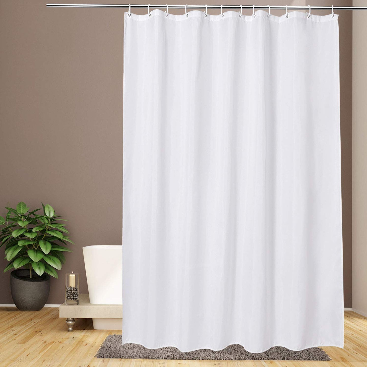 White Extra Long Shower Curtain 240cm Drop with 12 Free Hooks, Water repellent Mould Resistant Fabric Shower Curtain 180 x 240 cm Long,Easy Clean