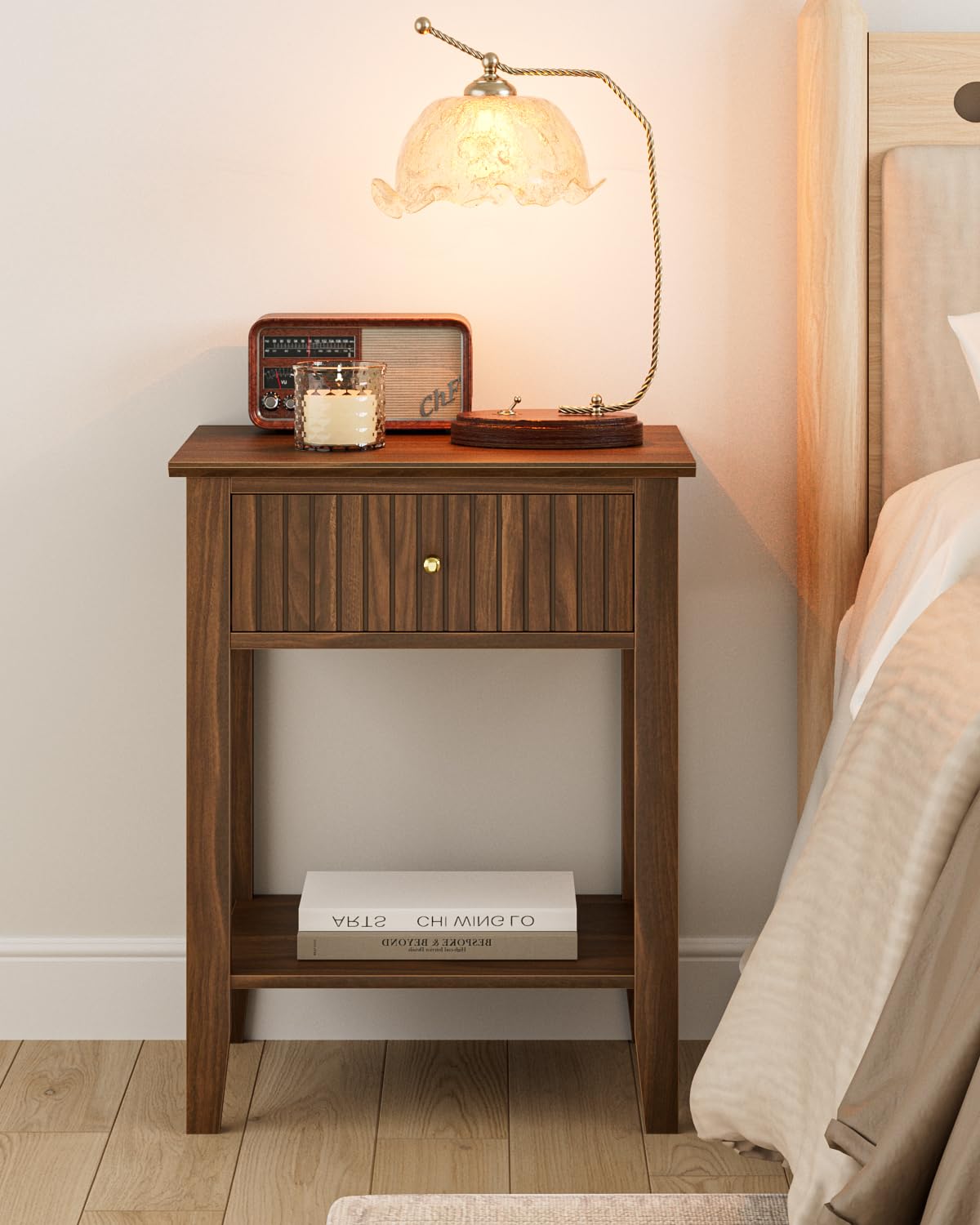 HEYZOEY Bedside Table Chest of 1 Drawer, Bedside Cabinet Wooden Nightstand, Modern Side Table for Living Room,Bedroom,Office,Château Walnut