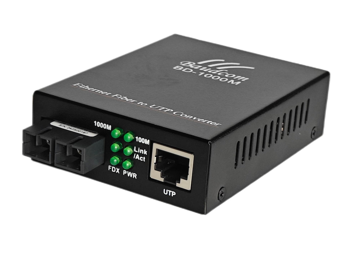 Baudcom SingleMode Fiber Ethernet Dual SC Fiber to Copper Media Converter - 1000Base-LX to 10/100/1000Base-Tx - 20KM