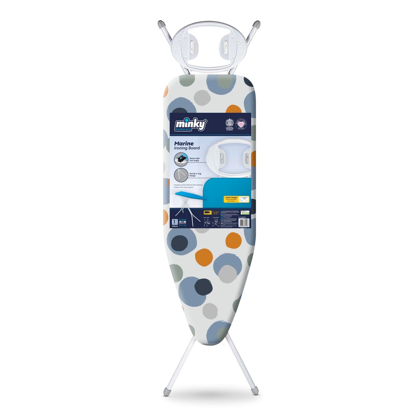 Minky Marine Ironing Board with 114 x 38cm Ironing Surface, Angled Iron Rest, Iron Board with Adjustable Height up to 94cm & Non-Slip Feet, Foldable,