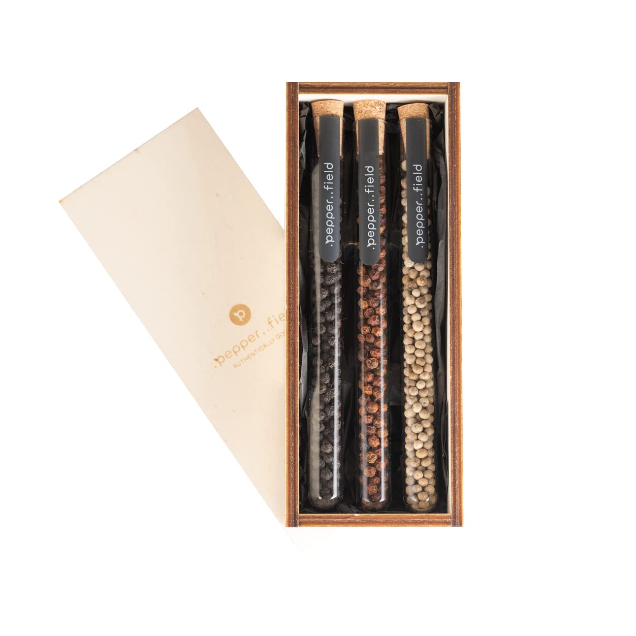 Pepper Field Kampot Pepper - black, white, red 100% real pepper from Kampot, Cambodia PGI - whole pepper - set of glass tubes in a gift box 3 x 12g