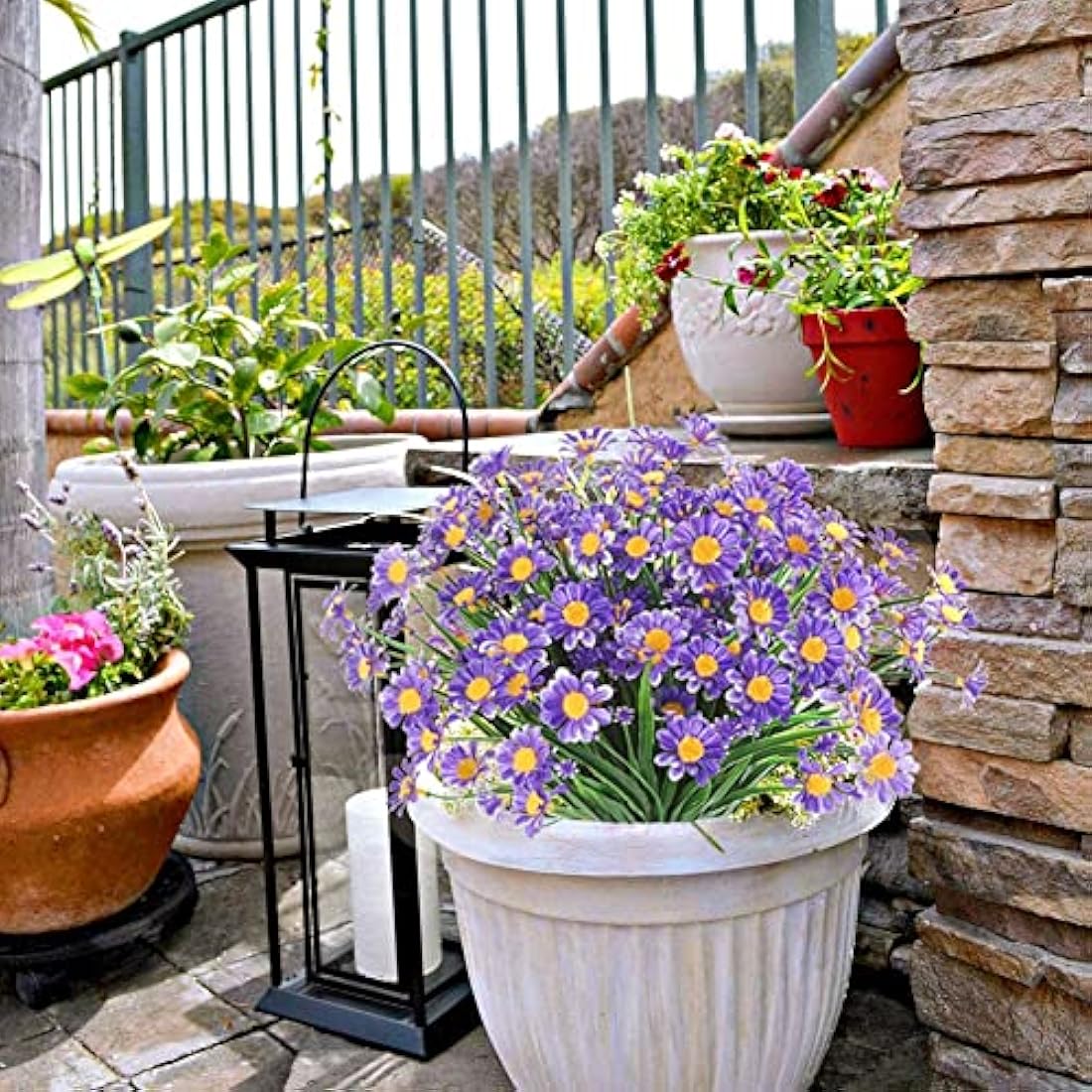 4PCS Artificial Daisy Flowers Outdoor Spring Summer Decoration UV Resistant Fake Flowers Faux Plastic Greenery Shrub Plant Indoor Outside Hanging Garden Home Porch Wedding Party Decor (Purple)