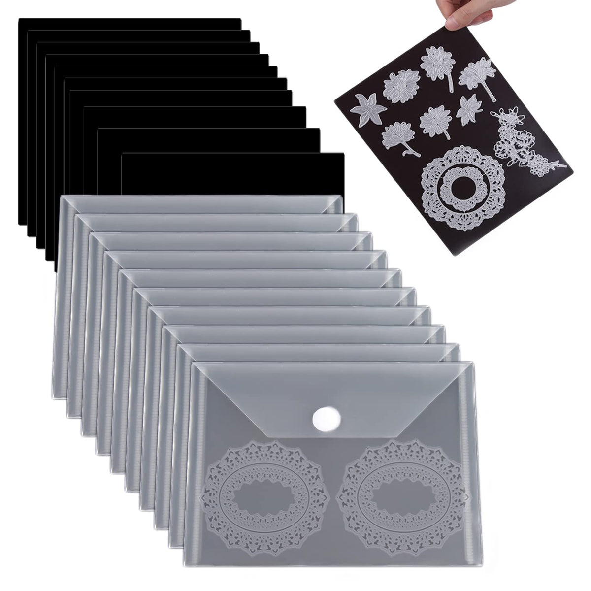 20Pcs/Set 10 Rubber Magnetic Sheets 0.5mm Thickness with 10 Clear Stamp Die Storage Pockets Resealable Plastic Storage Pocket Large Envelope Case