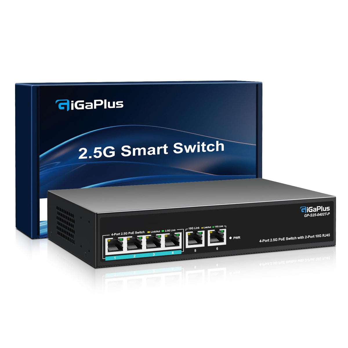 6 Ports 10Gb Unmanaged PoE Ethernet Switch with 4*2.5G Base-T PoE Ports, 2*10G RJ45 Ports. 60Gbps Switching Capacity, GiGaPlus 10Gbps Network Switch