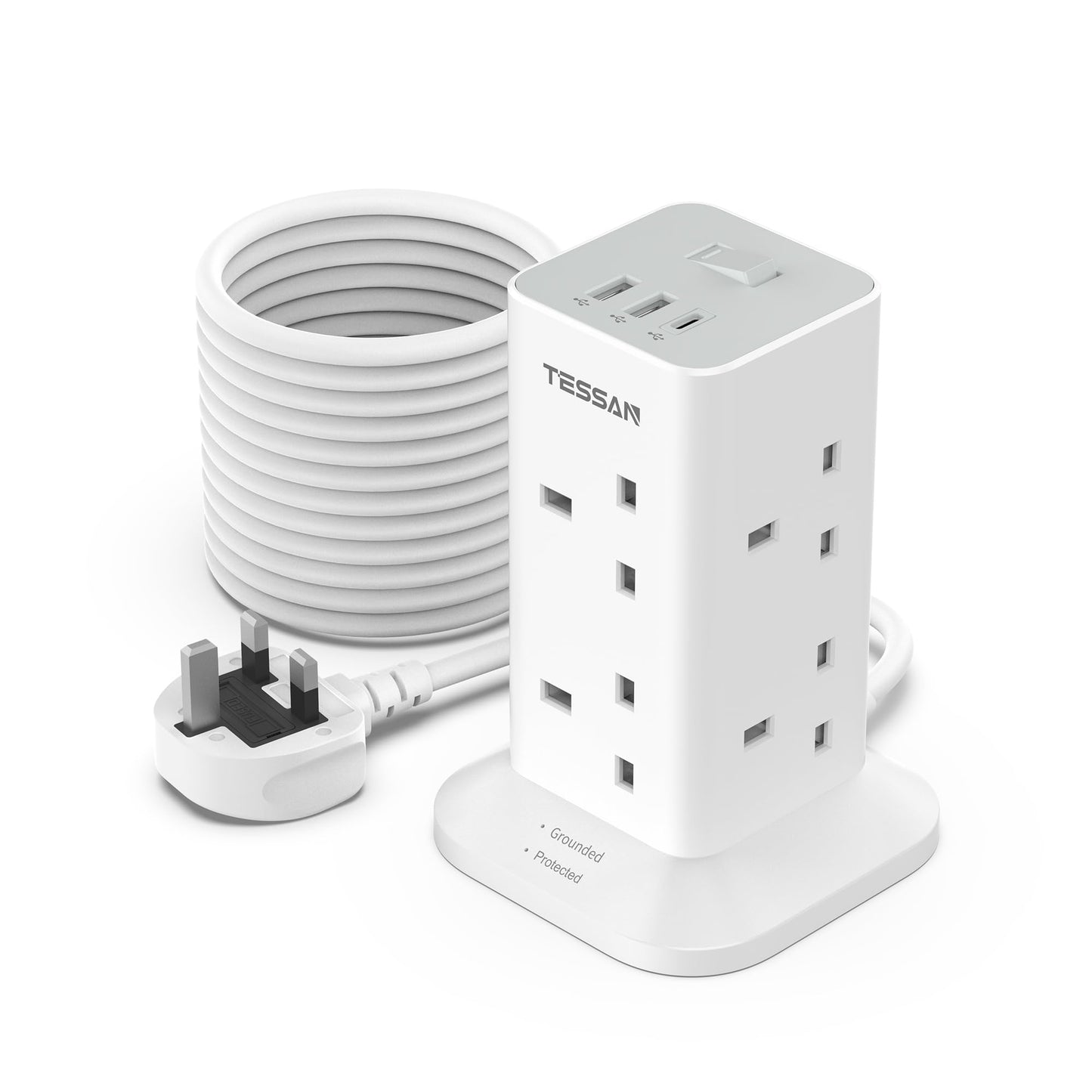 Tower Extension Lead 10M with USB C Slots, TESSAN 8 Way Multi Plug Extension Socket with Long Cable, Surge Protected Power Strip with Switch, for