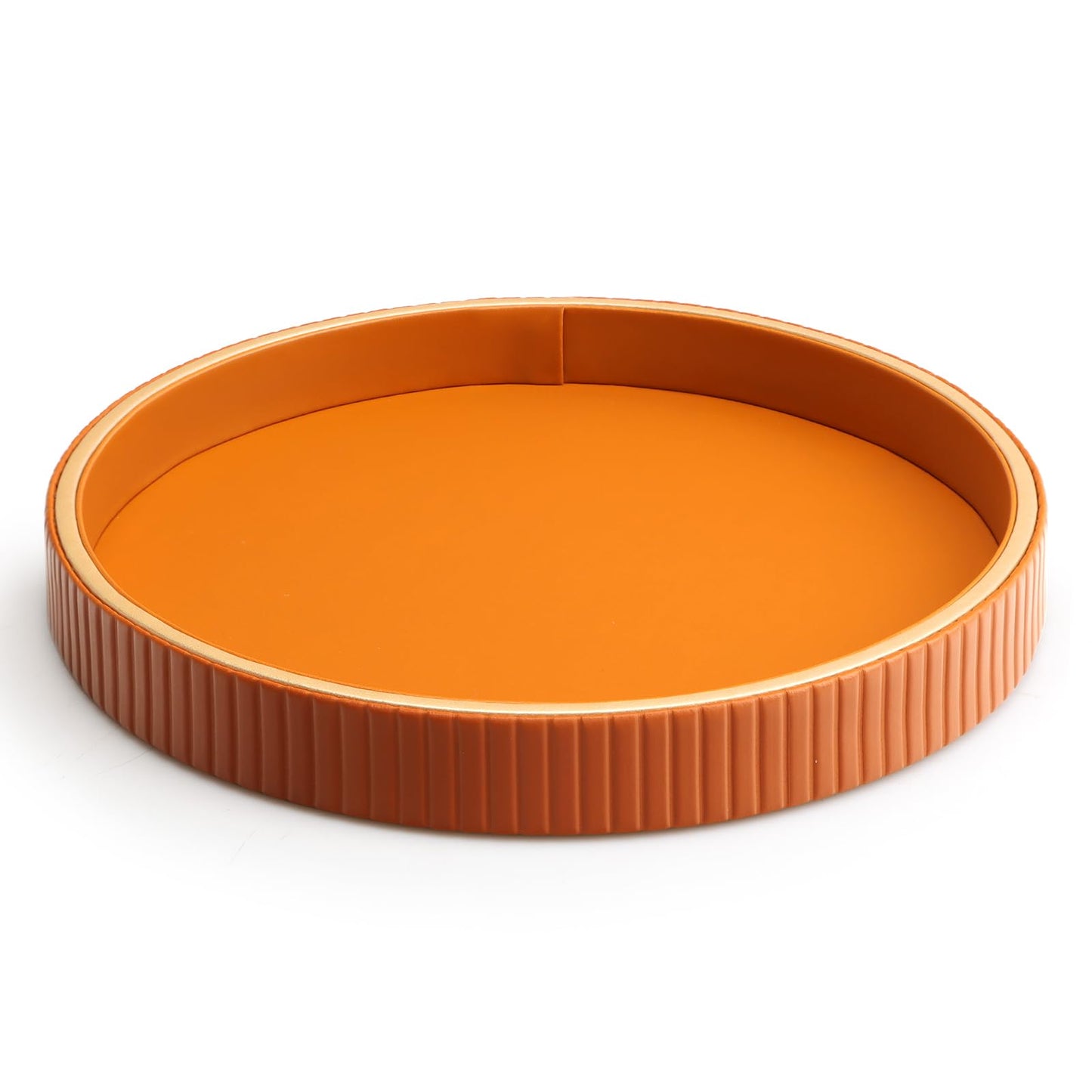 SANZIE Leather Desktop Storage Organizer Premium Serving Tray for Sundries, Cosmetics, Phone, Wallet, Cutlery - Decorative Valet (Orange Disc)