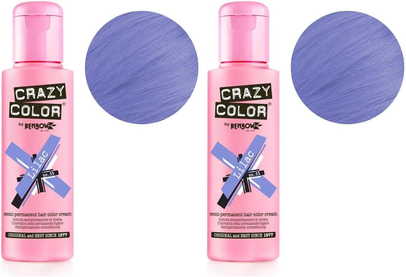 Renbow Crazy Color Semi Permanent Hair Color Cream Lilac No.55 100ml (Pack of 2). New