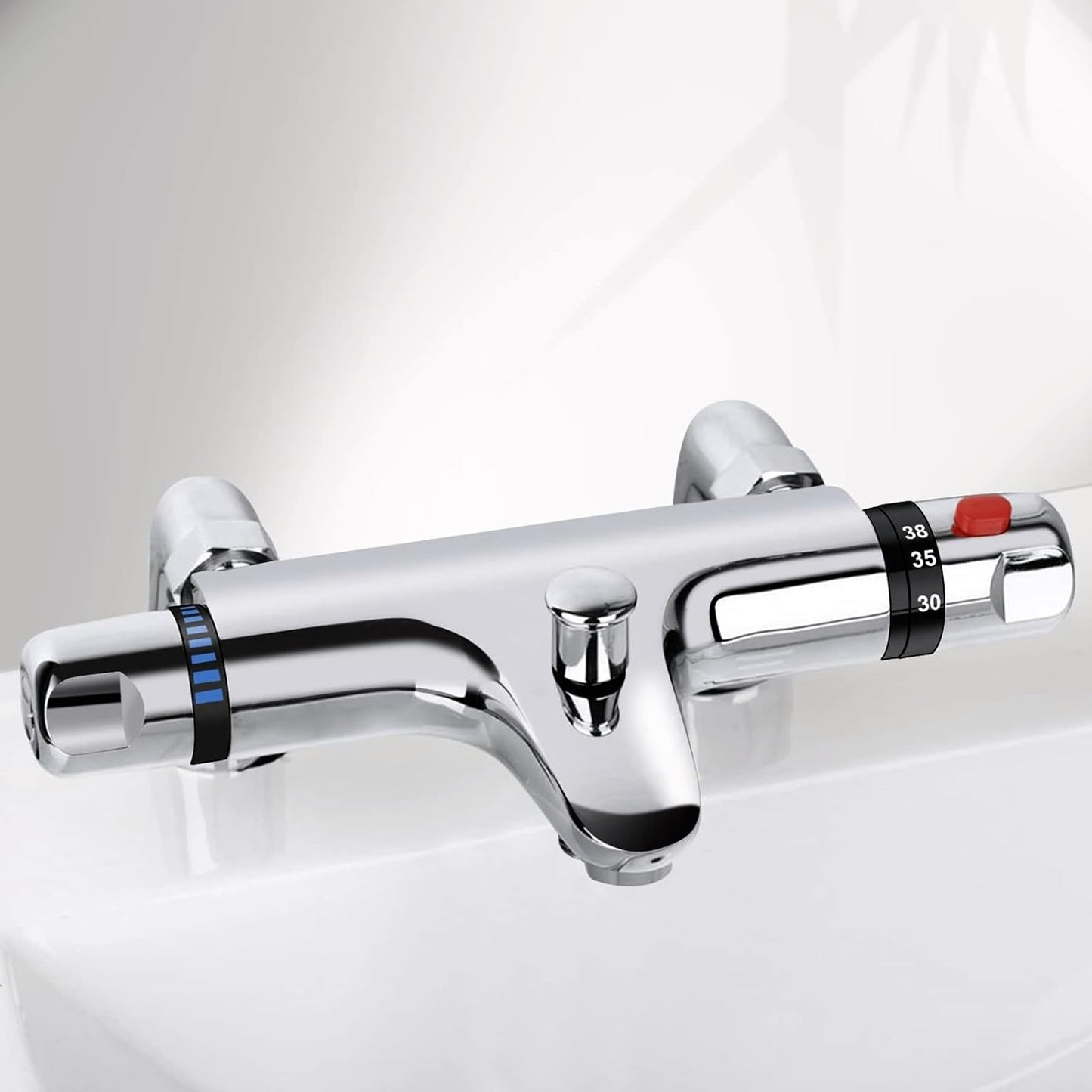 Thermostatic Bath Shower Mixer Tap Deck Mounted Bath Mixer Tap Bar with Bathtub Filler Spout, Thermostatic Shower Bar Taps Faucet Modern Chrome Solid
