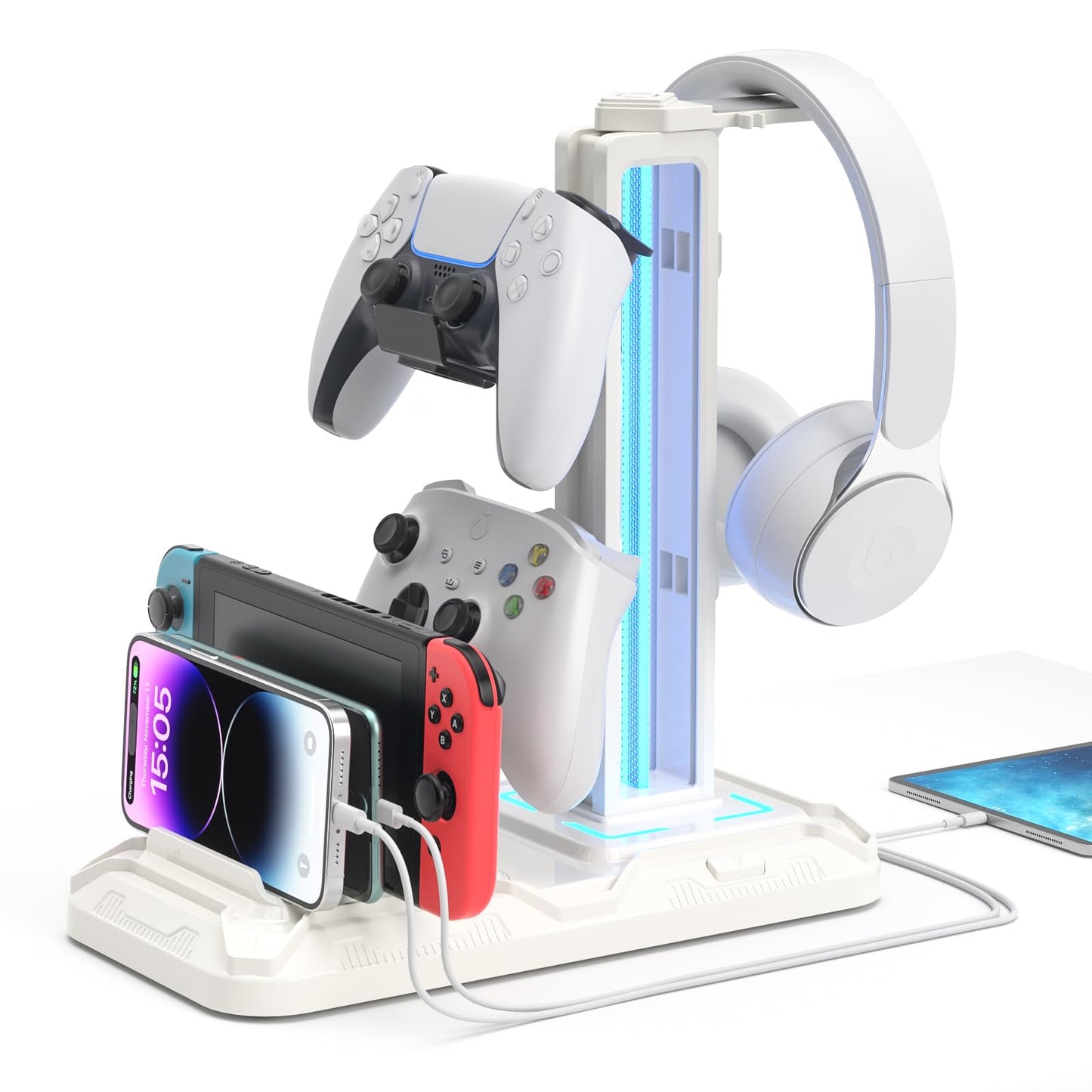 KDD Headset Stand with Charging Station - Detachable Headset Controller Holder Stand with 9 Light Modes, Rotatable Headphone Hanger with USB Charging
